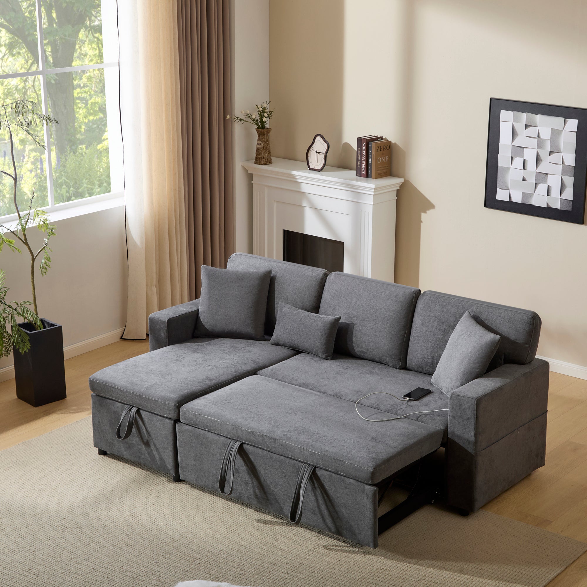 Corner Sofa Bed, L-Shaped Extendable with Storage & Shelf, Dark Grey