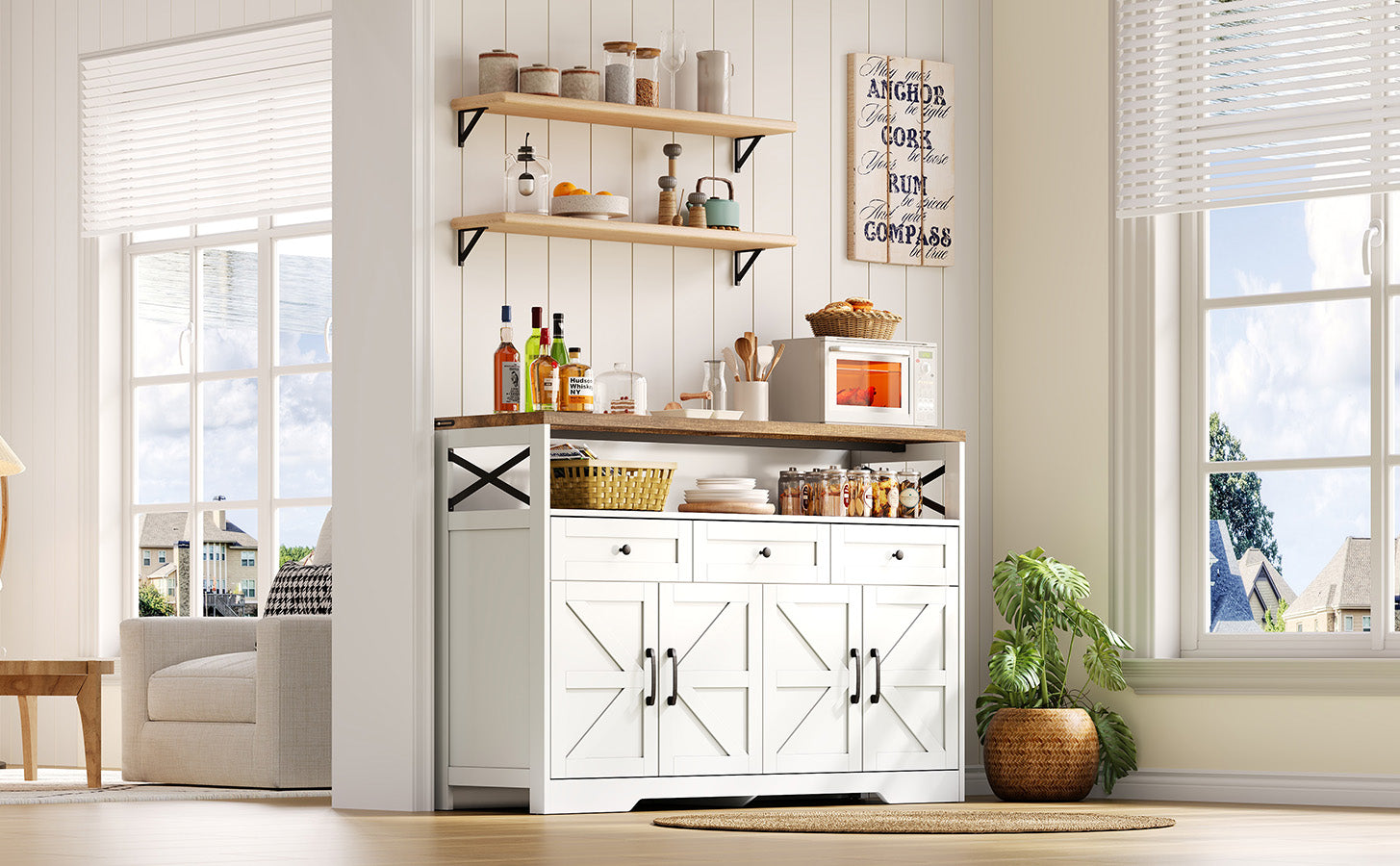 Buffet Sideboard 140cm 3 Drawers Shelves Storage Country Style - White/Brown