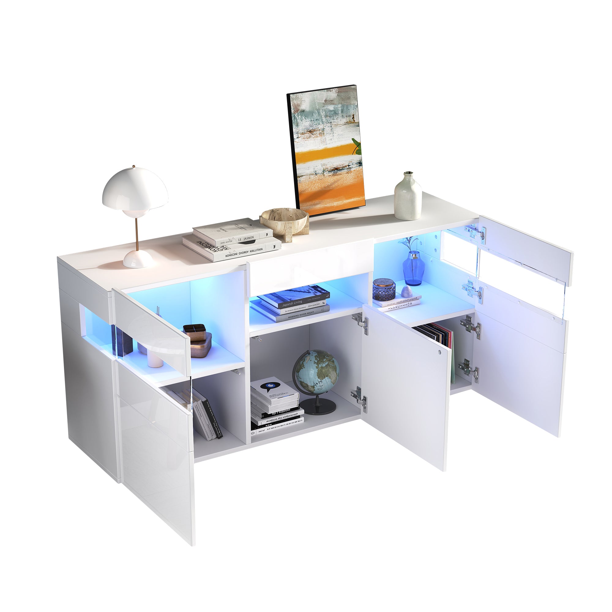 Living Room Sideboard 3-Door Cabinet LED Light Acrylic High-Gloss White