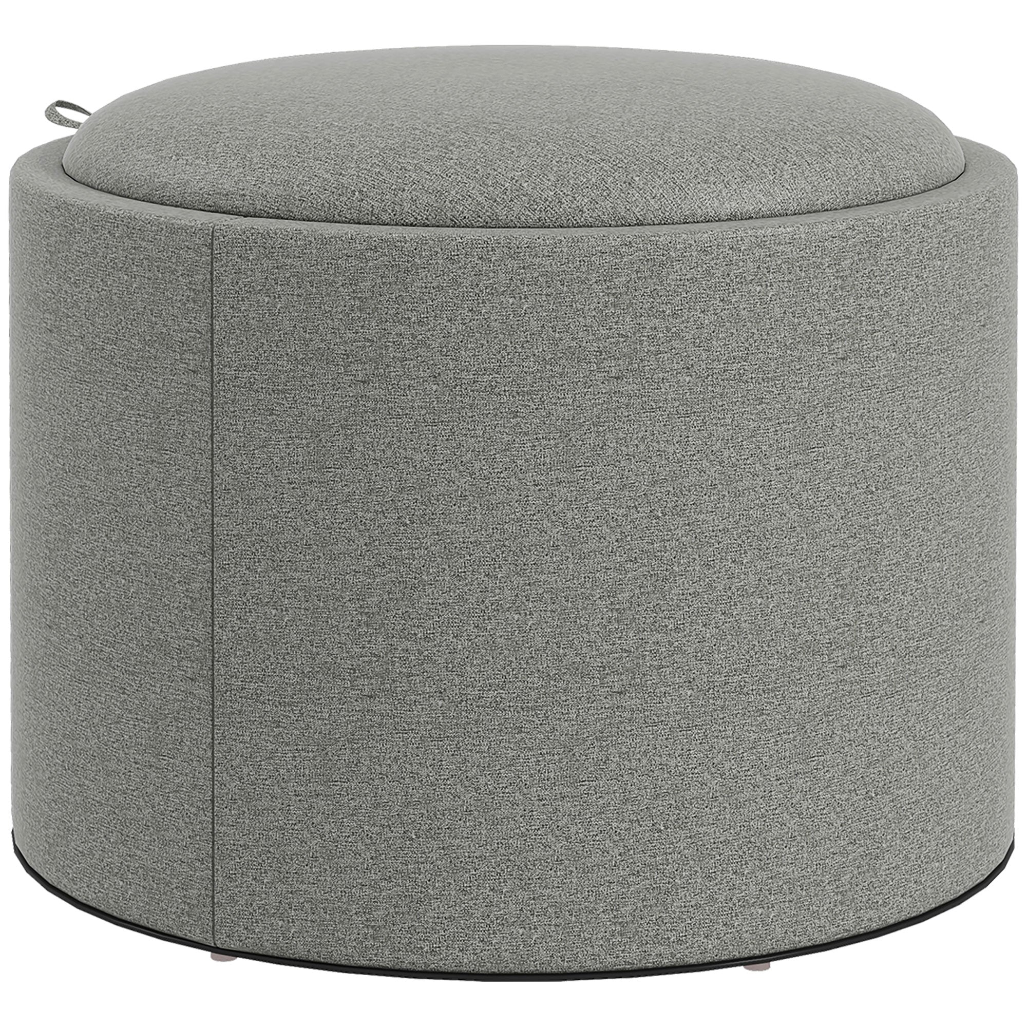 Ottoman Round Stool with Storage and Hinged Lid, grey linen look