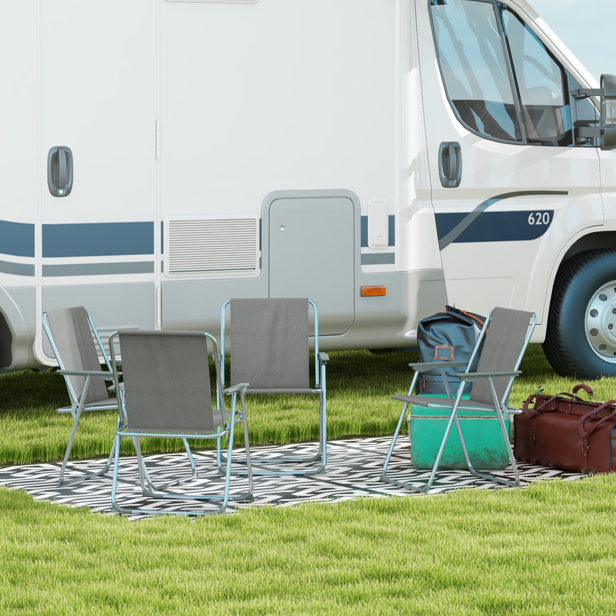 Folding Chair Set of 4, Foldable Garden Camping with Backrest Armrest, Oxford Grey