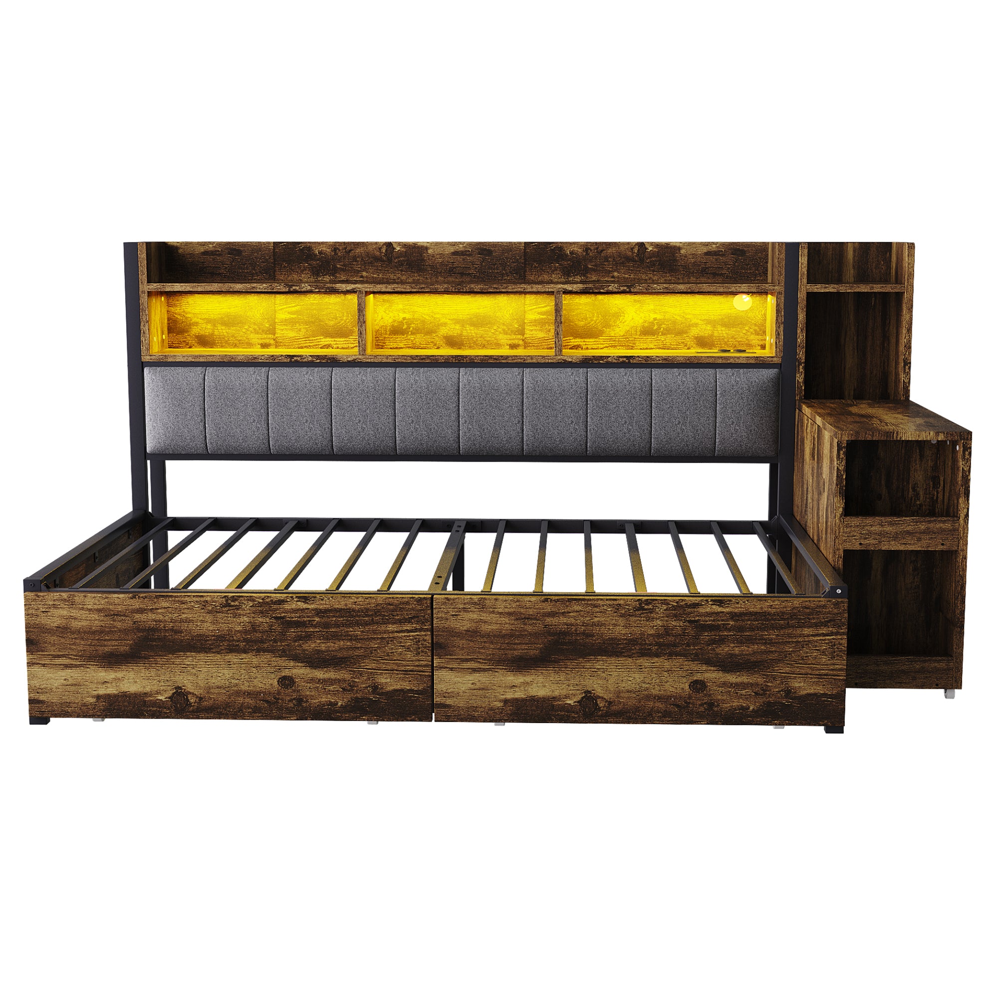 Single Bed with Movable Desk, Storage Drawers and Integrated Outlets, Metal