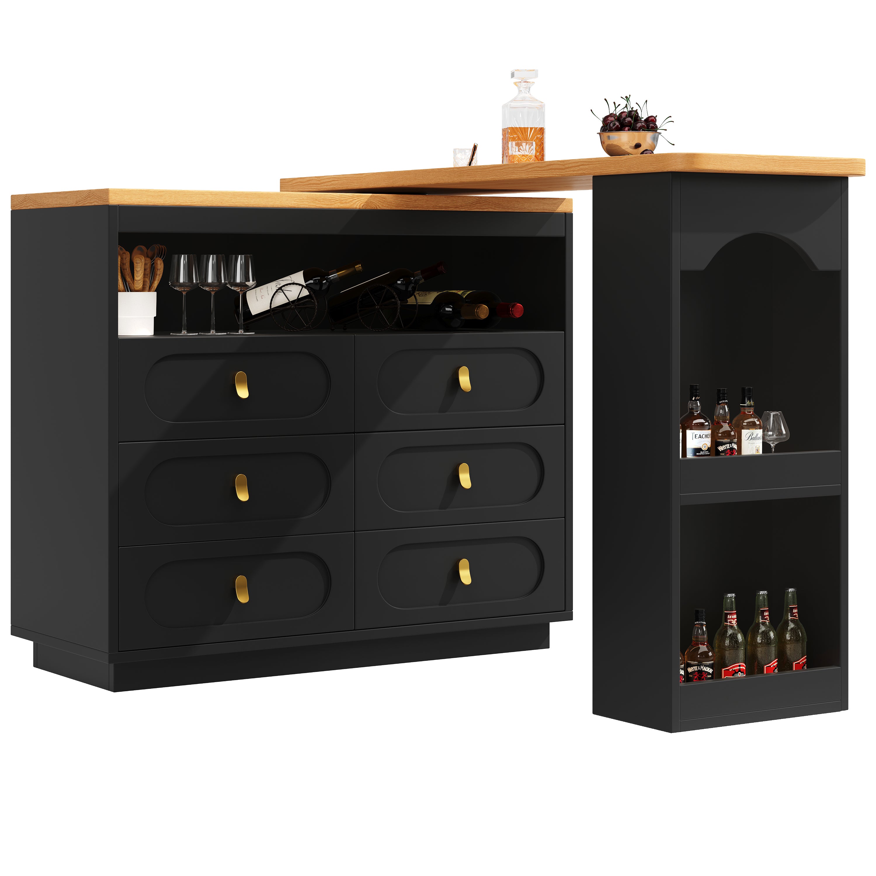 Bar Table Extendable 360° Swivel Mobile Storage Drawers - Black