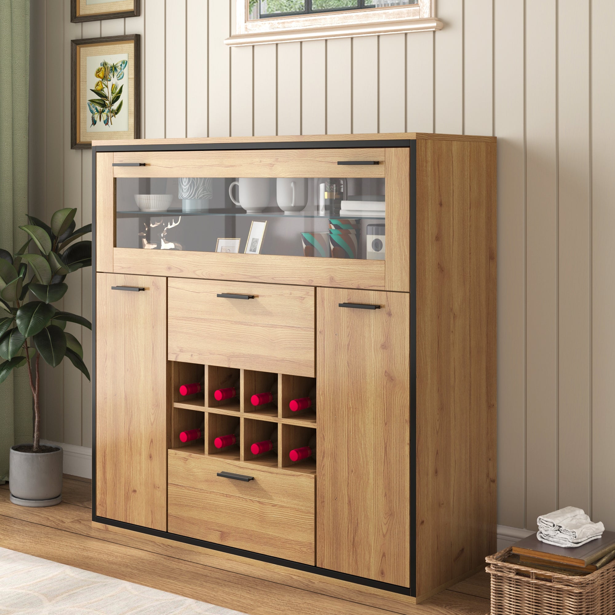 Sideboard, Elegant Wine Cabinet with Double Doors, Glass Shelf & Wine Holder