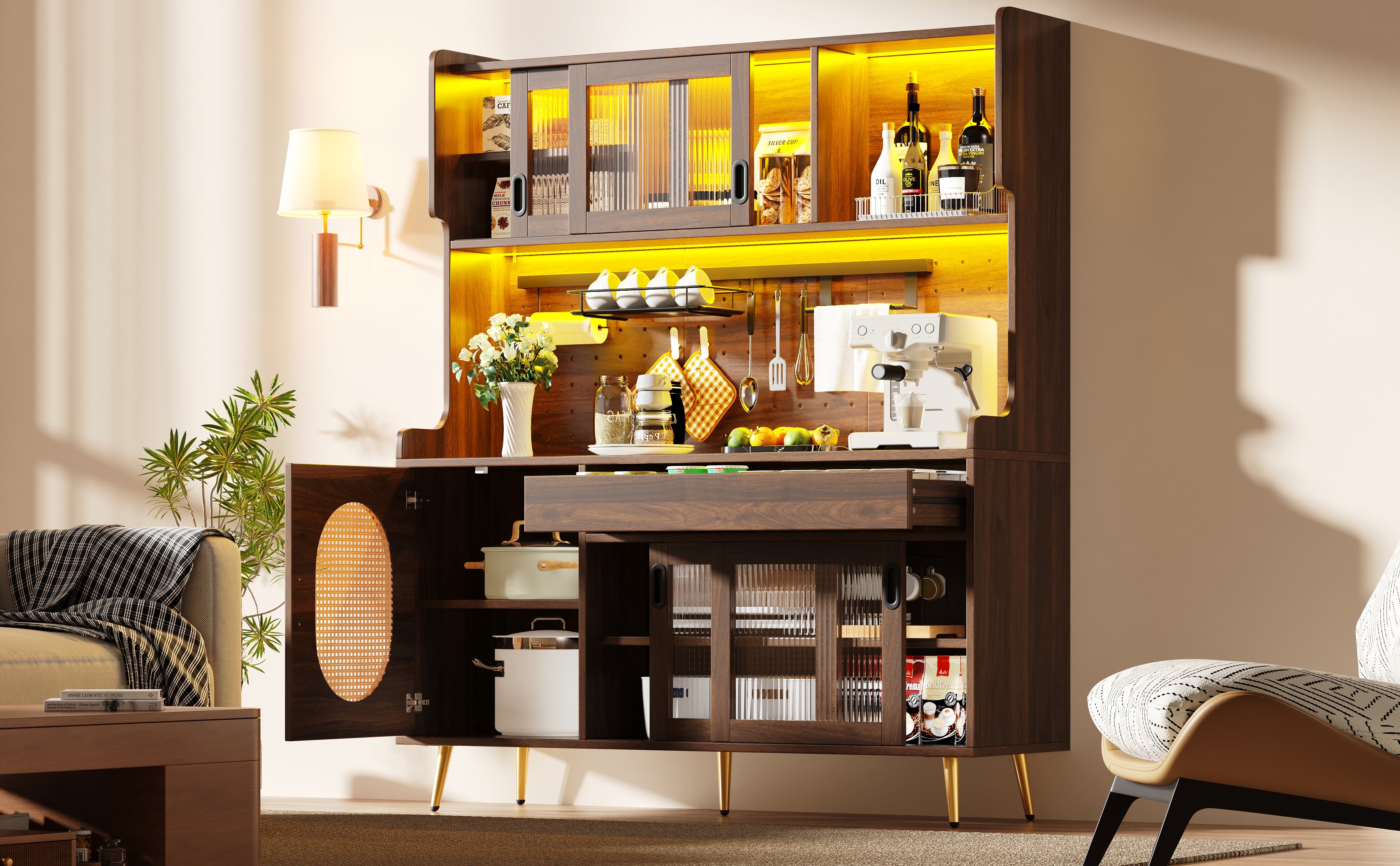 Sideboard Kitchen Buffet Cabinet with LED Strip and Fluted Glass Doors, Brown and Black