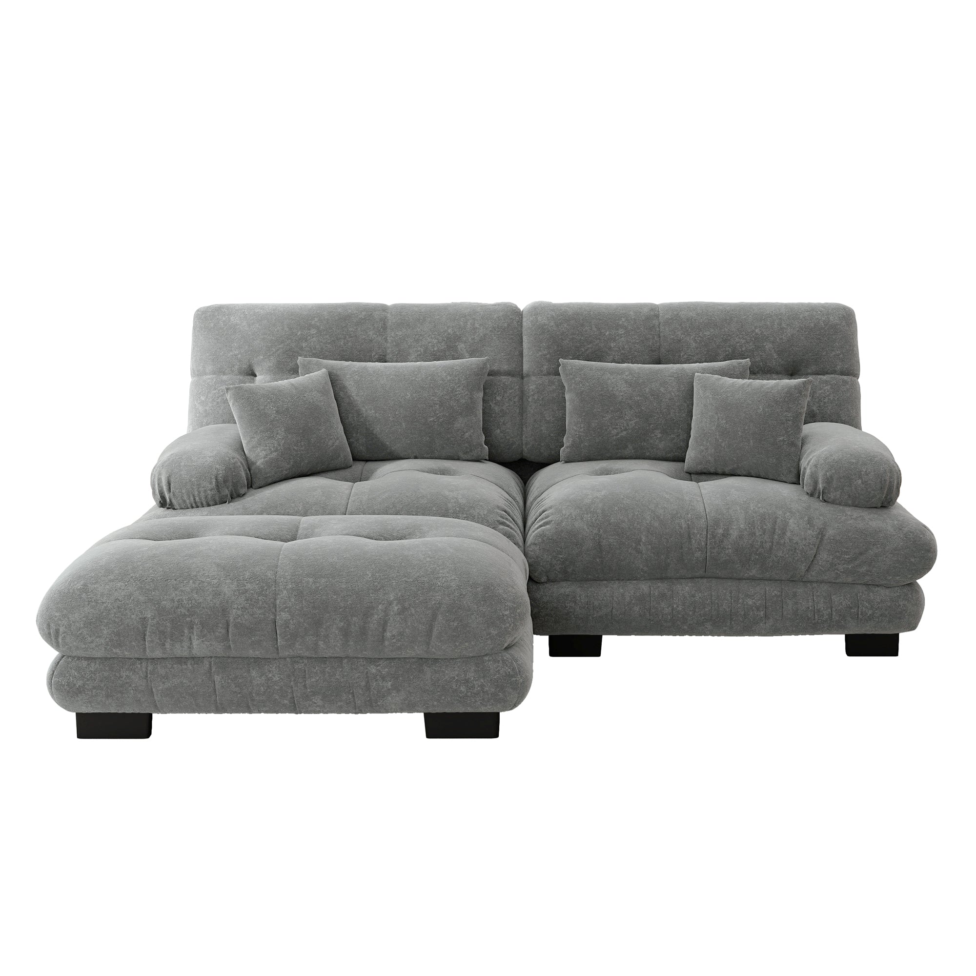 Cloud Corner Sofa, Double with Lumbar & Decorative Pillows, Wide Armrests & Ottoman, Chenille Grey