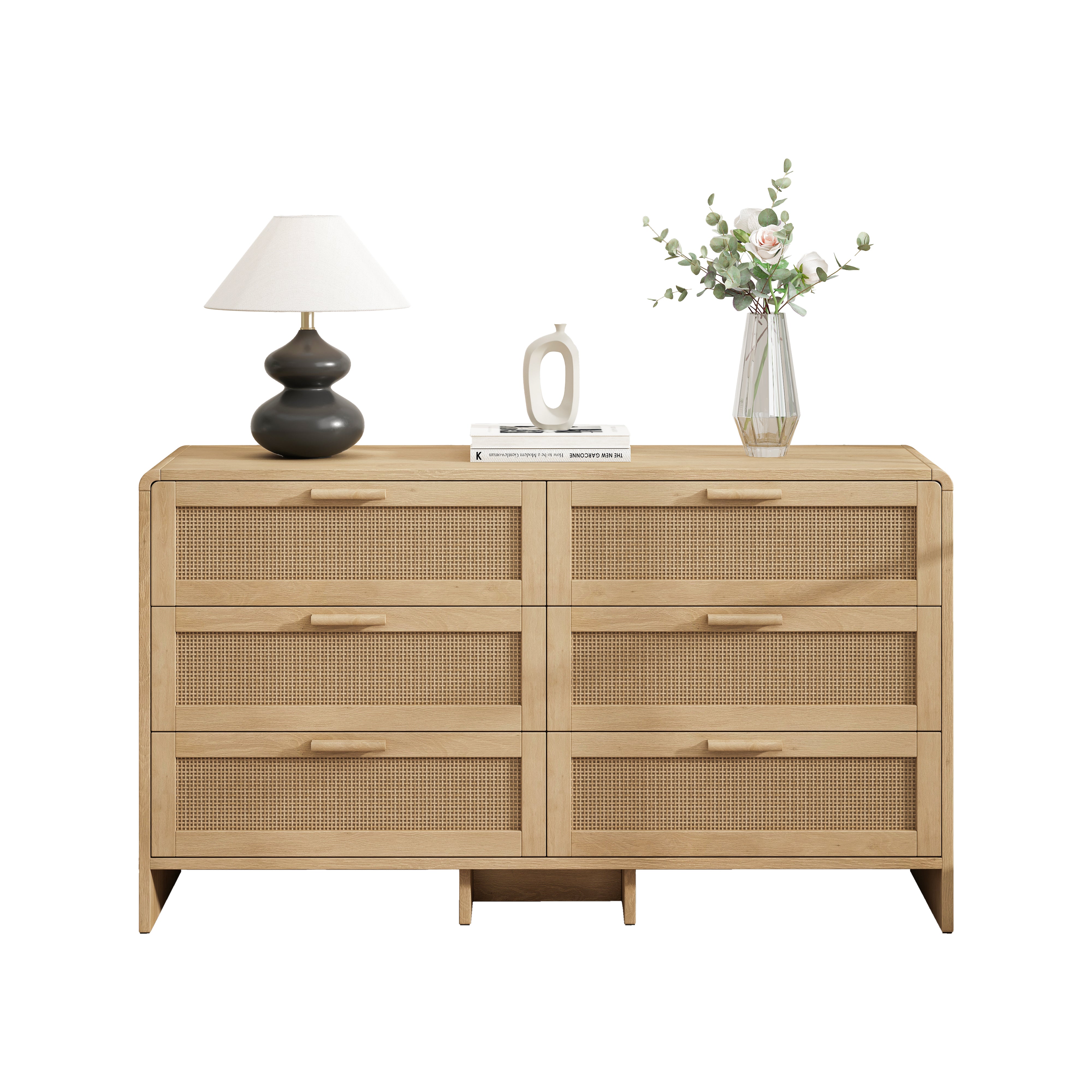 Arc Shaped Corner Cabinet, 6-Drawers Rattan Storage, Natural