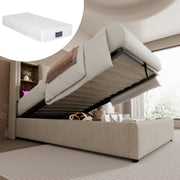 Single Bed, Wireless Charging USB C, Upholstered with Storage, 90x200cm Wood-Natural Linen