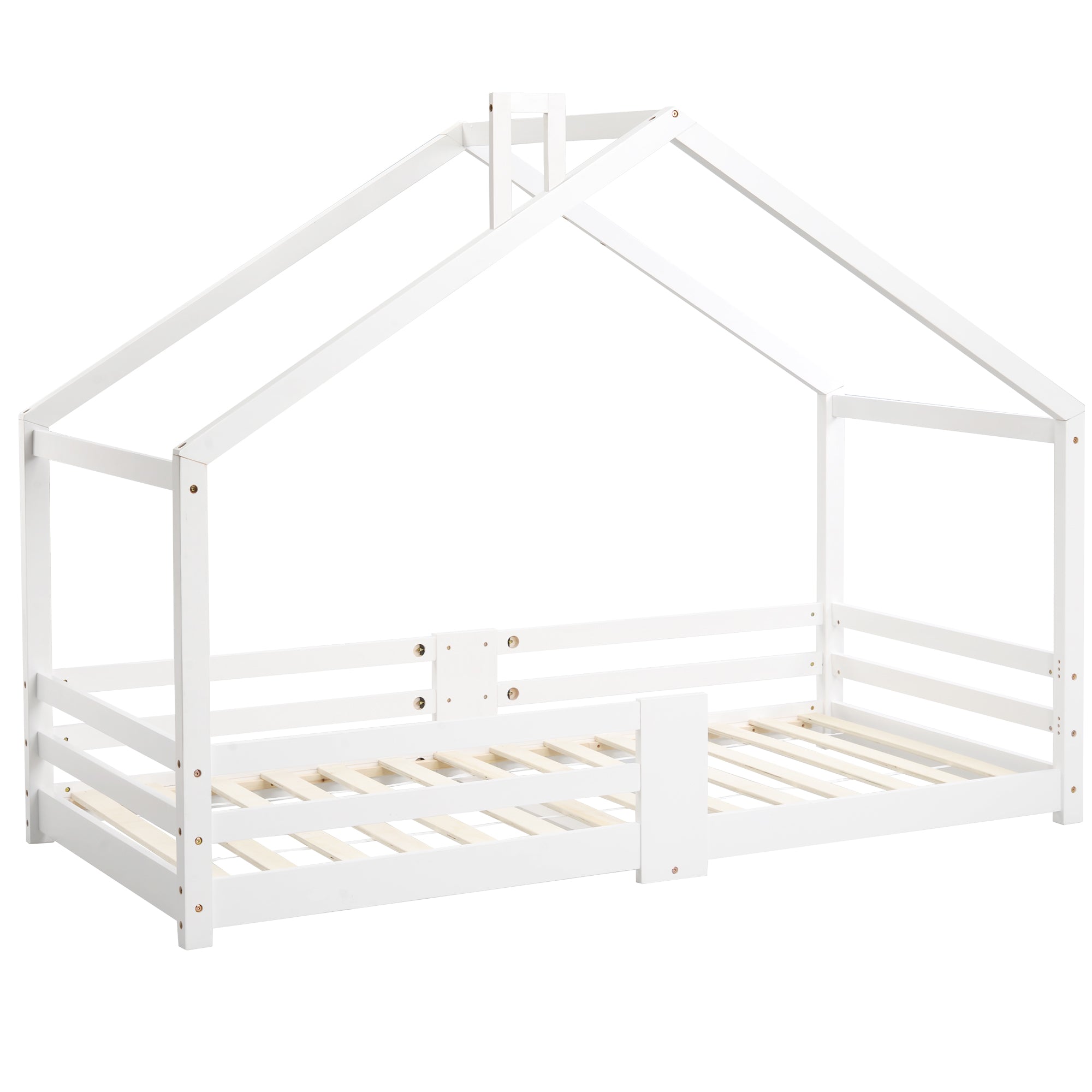 Children's Bed House Bed with Chimney, Fall Protection, Slatted Frames, Pinewood, White