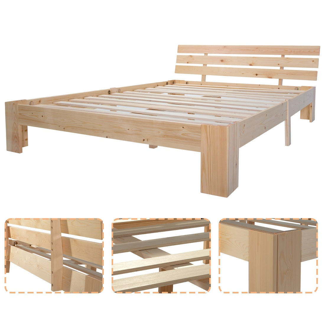 Wooden Double Bed, Headboard & Slatted Frame, Solid Pine