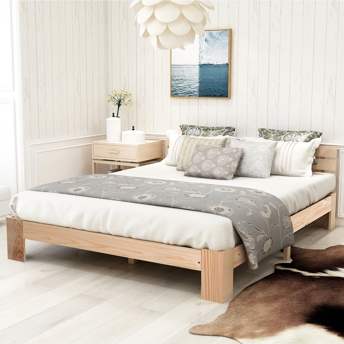 Wooden Double Bed, Headboard & Slatted Frame, Solid Pine