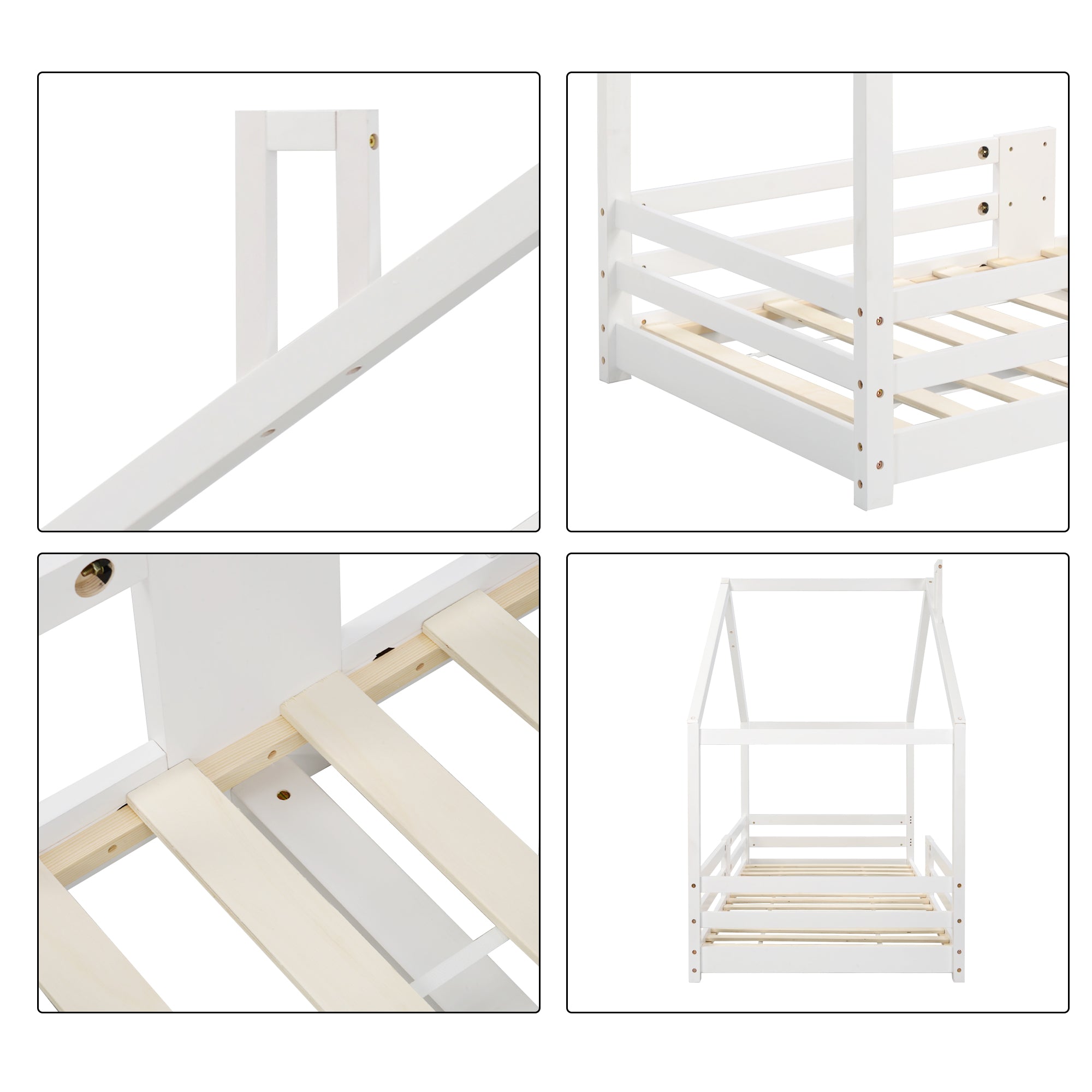 Children's Bed House Bed with Chimney, Fall Protection, Slatted Frames, Pinewood, White
