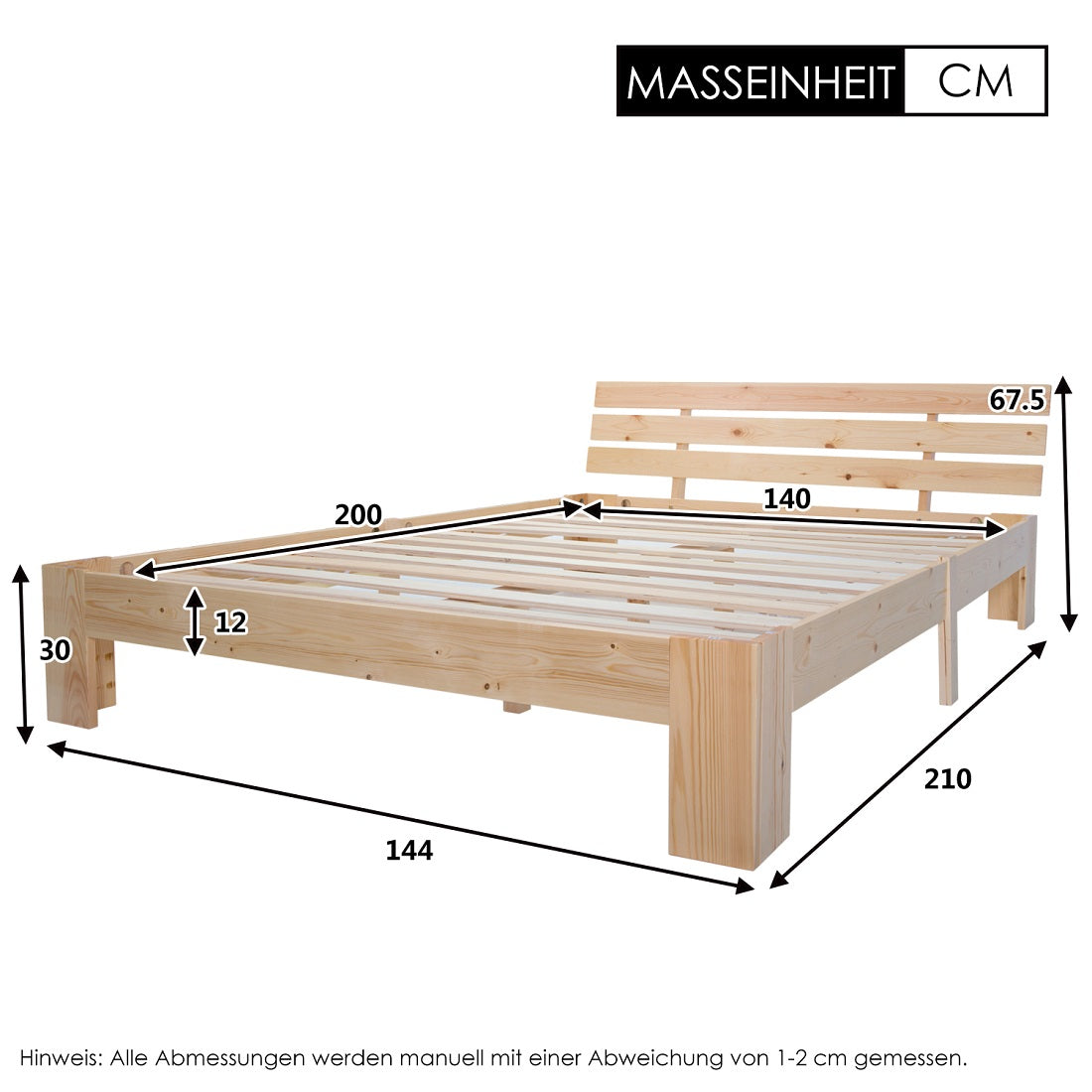 Wooden Double Bed, Headboard & Slatted Frame, Solid Pine