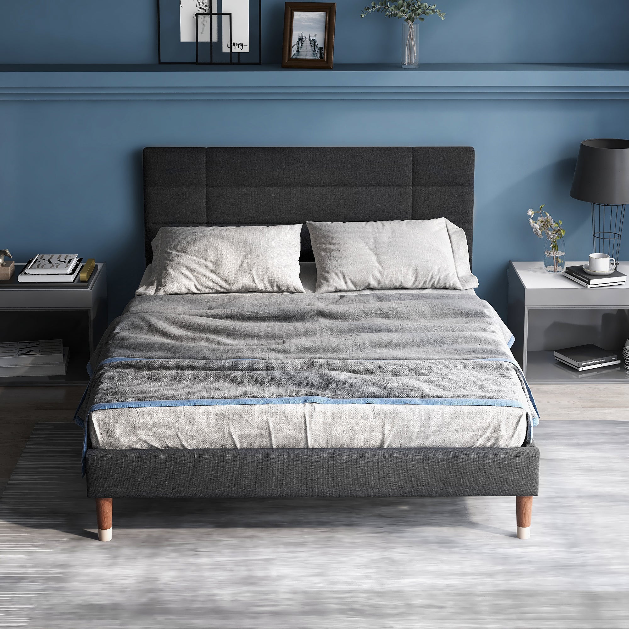 Upholstered bed, double bed with slatted frame 140x200cm, dark grey linen