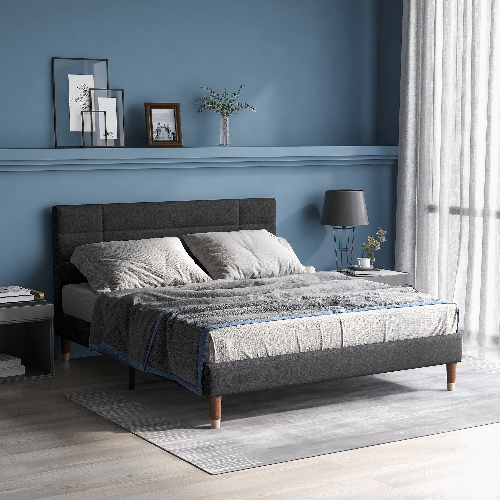Upholstered bed, double bed with slatted frame 140x200cm, dark grey linen