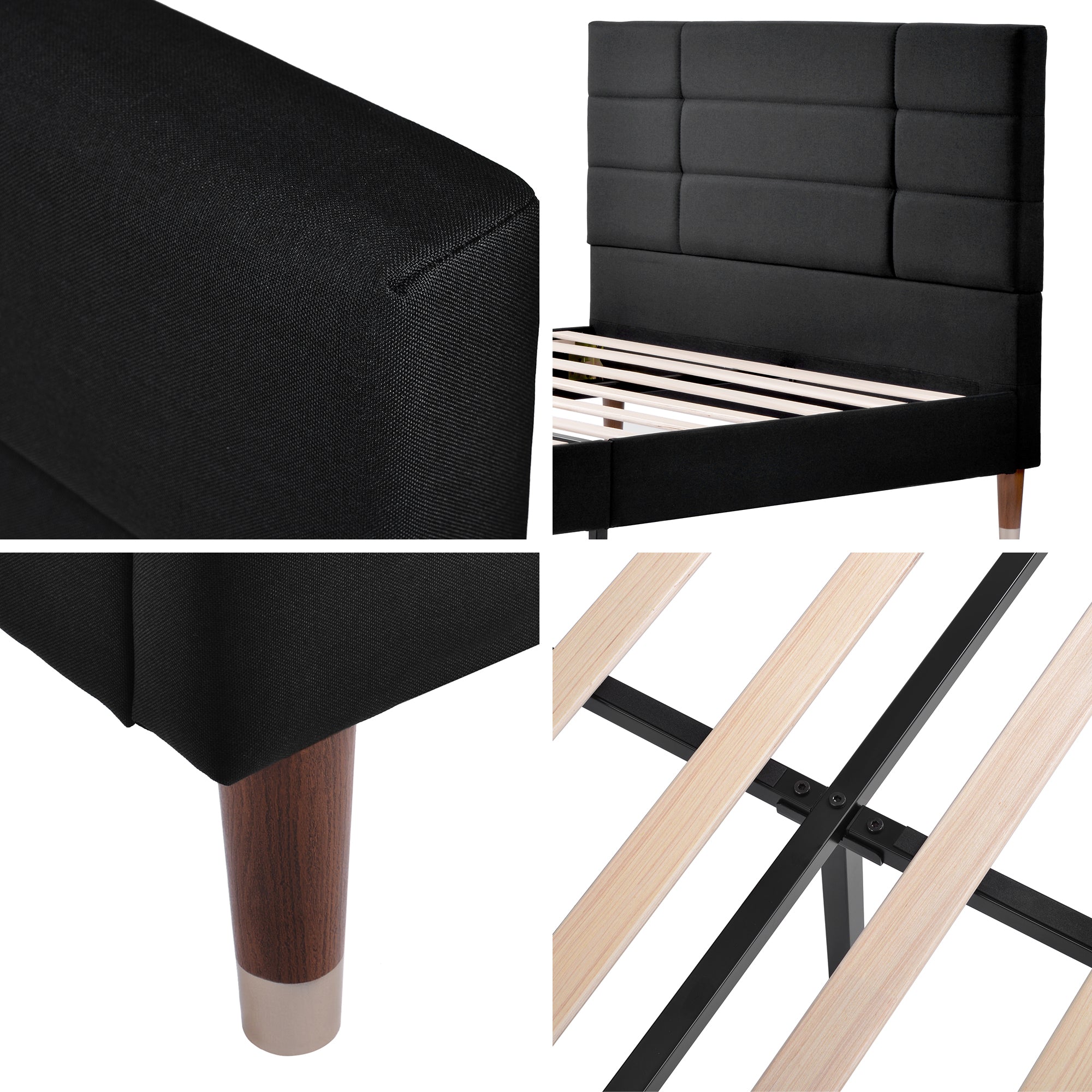 Upholstered bed, double with slatted frame 140x200cm, black linen