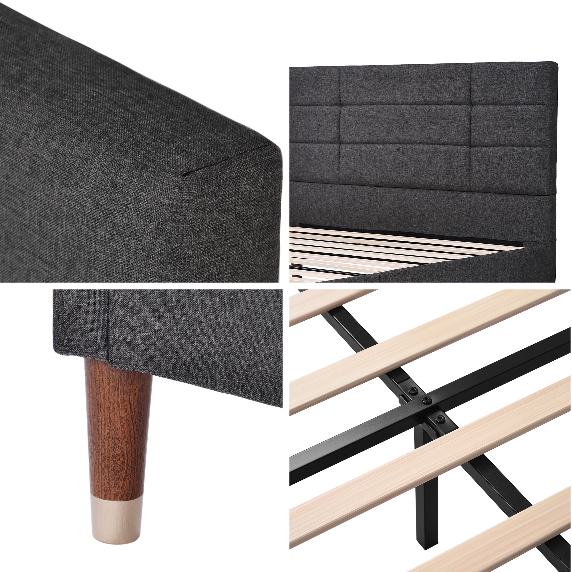 Upholstered bed, double bed with slatted frame 140x200cm, dark grey linen