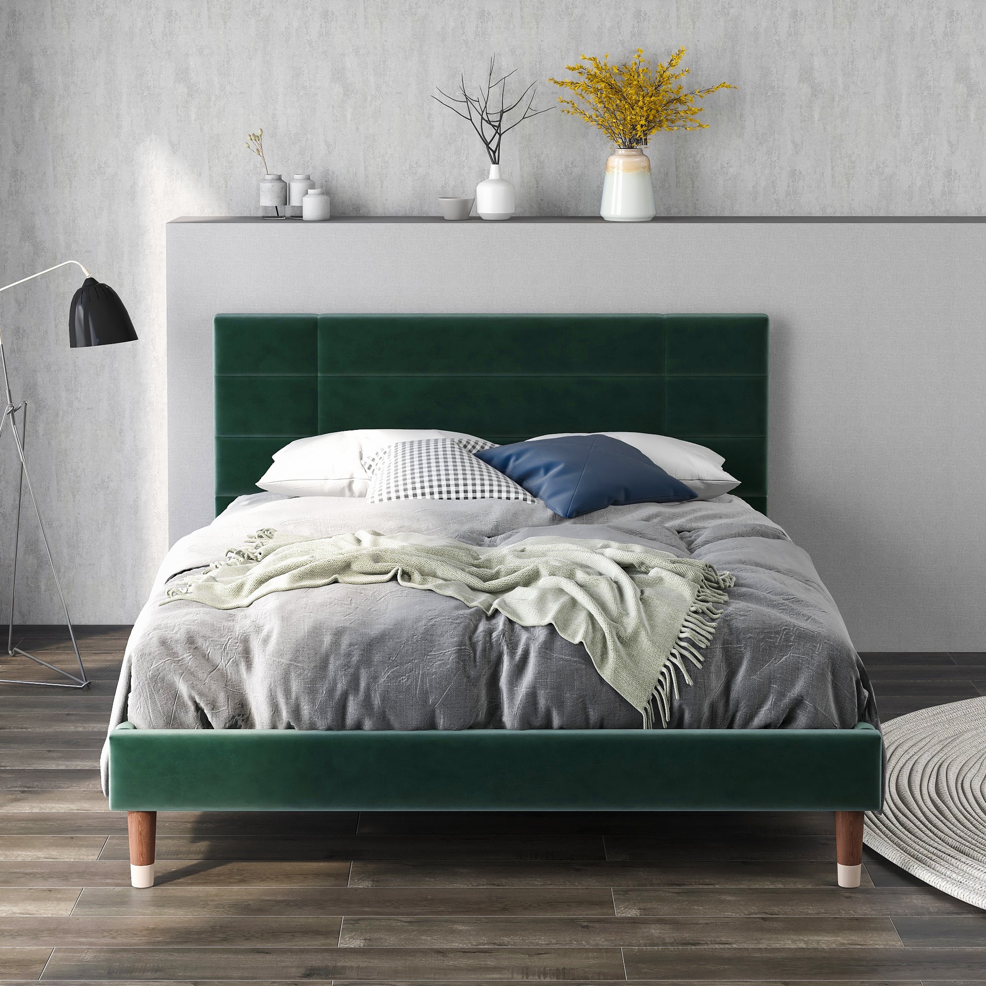 Upholstered bed, double bed with slatted frame 140x200cm, dark green velvet