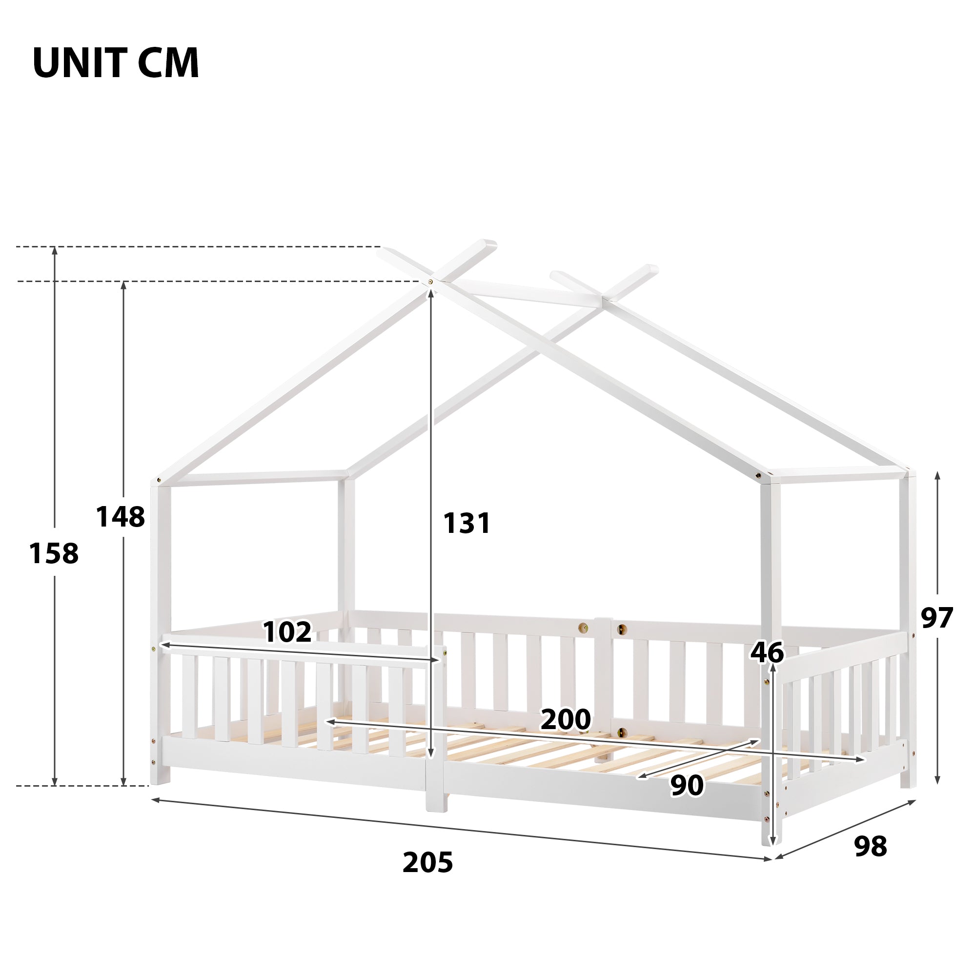 House Bed, Solid Wood with Fence & Slatted Frame, Fall Protection, White