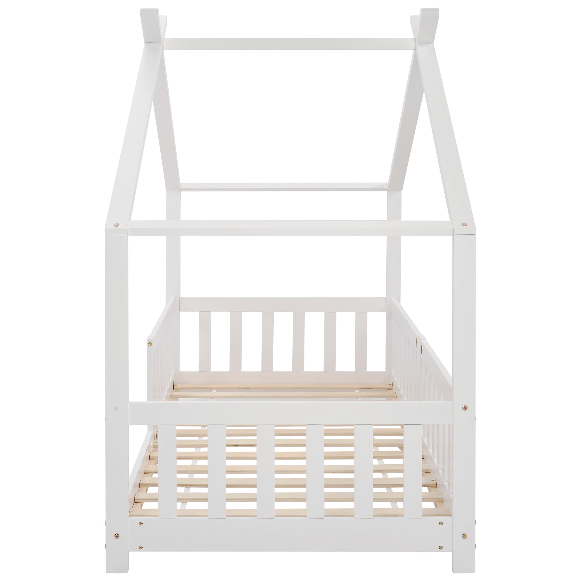 House Bed, Solid Wood with Fence & Slatted Frame, Fall Protection, White