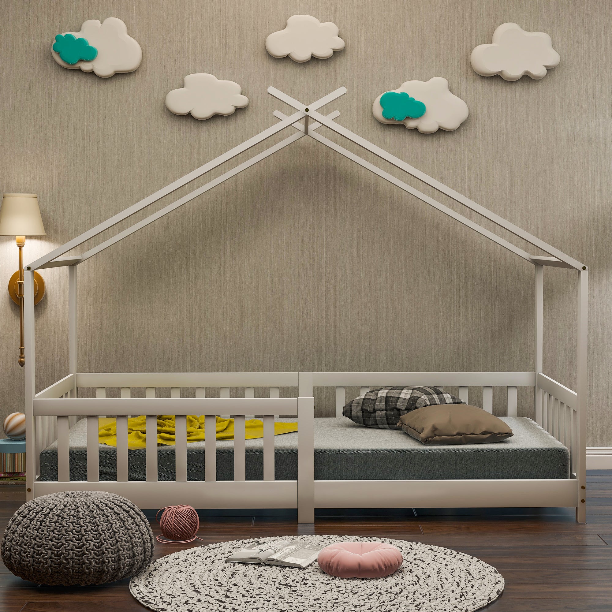 House Bed, Solid Wood with Fence & Slatted Frame, Fall Protection, White