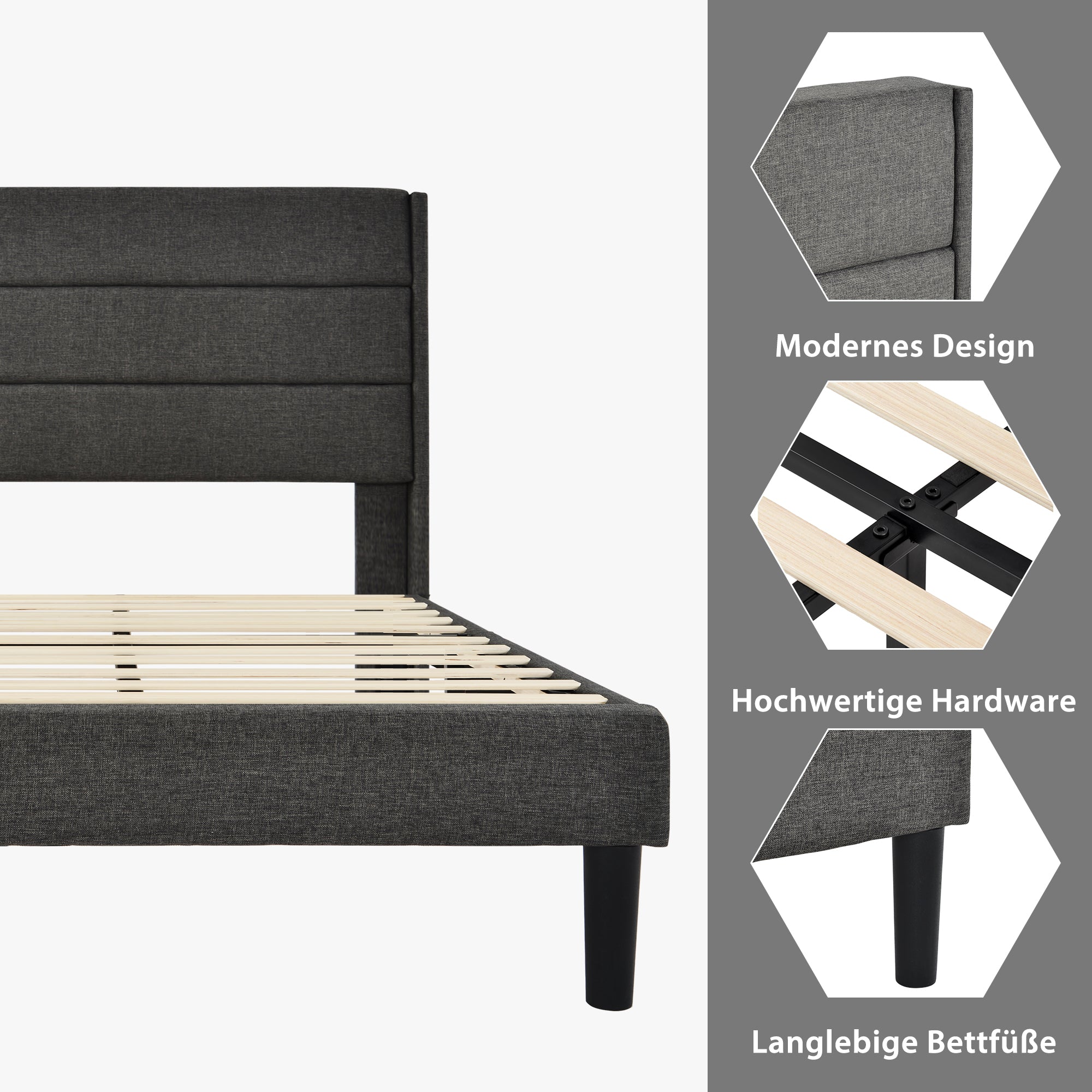 Upholstered Bed: Slatted Frame & Headboard, 90x200cm, Grey Linen