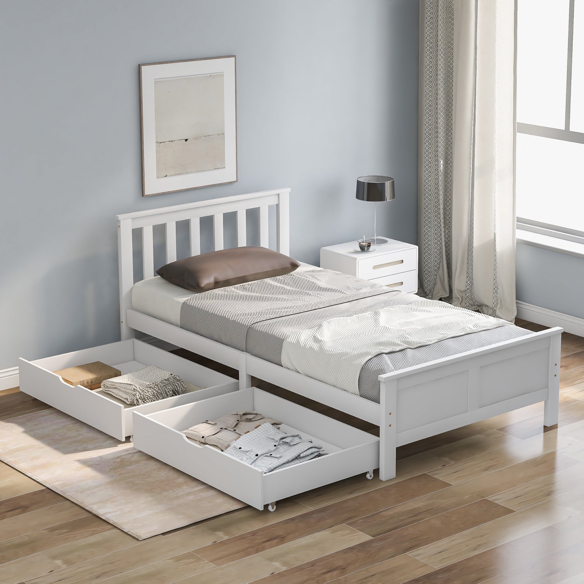 Wooden Solid White Pine Storage Bed with Drawers - 3ft Single Bed Furniture Frame (White 190x90cm)