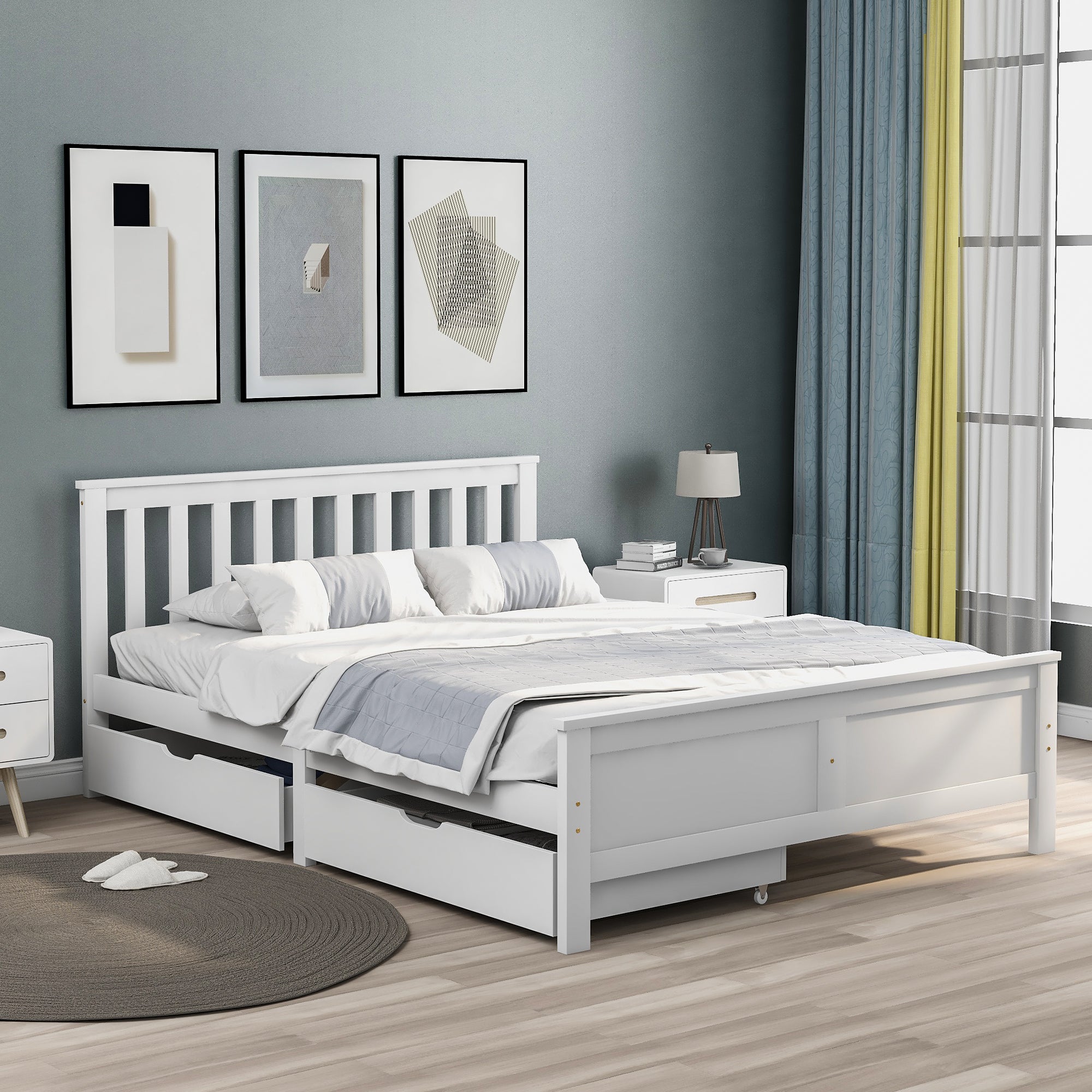 Wooden Storage Bed with Drawers, Solid Pine Frame, 4ft6 Double, White