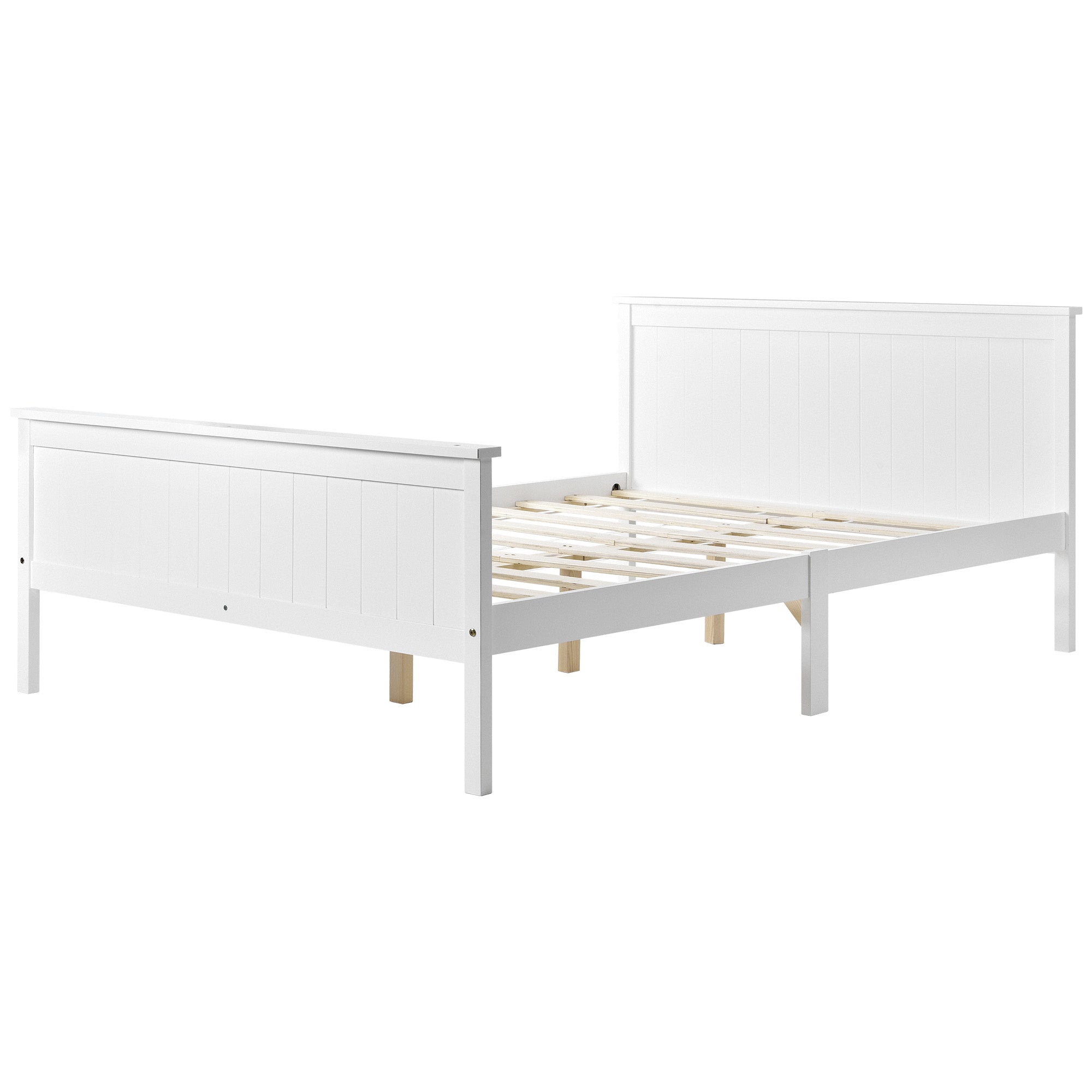 Wooden Bed Frame with Headboard and Footboard, Pine Wood, Ivory