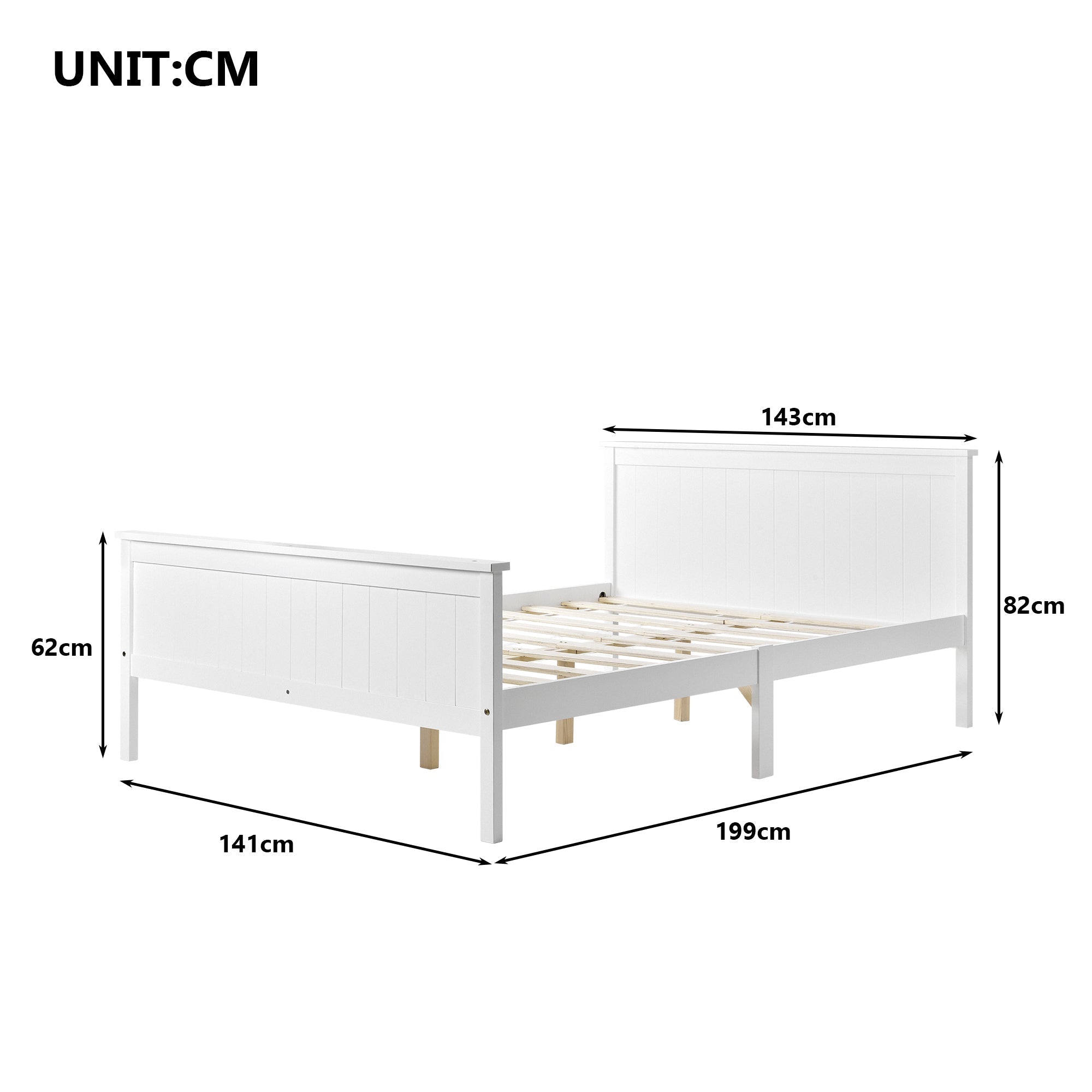 Wooden Bed Frame with Headboard and Footboard, Pine Wood, Ivory