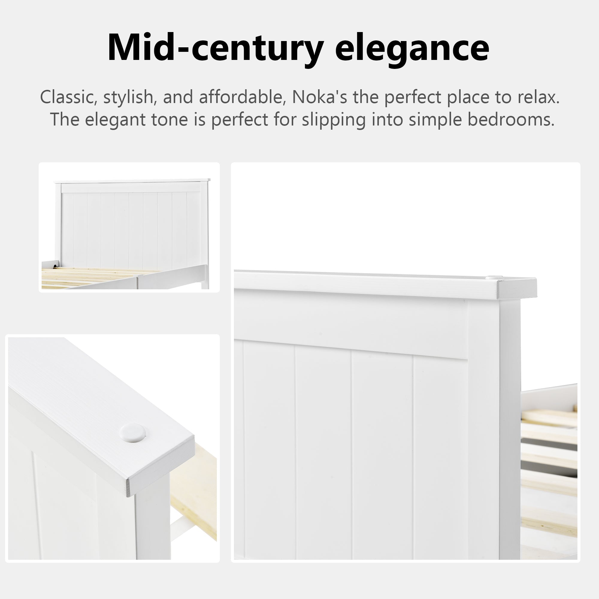 Wooden Bed Frame with Headboard and Footboard, Pine Wood Bed for Kids Bedroom, Ivory