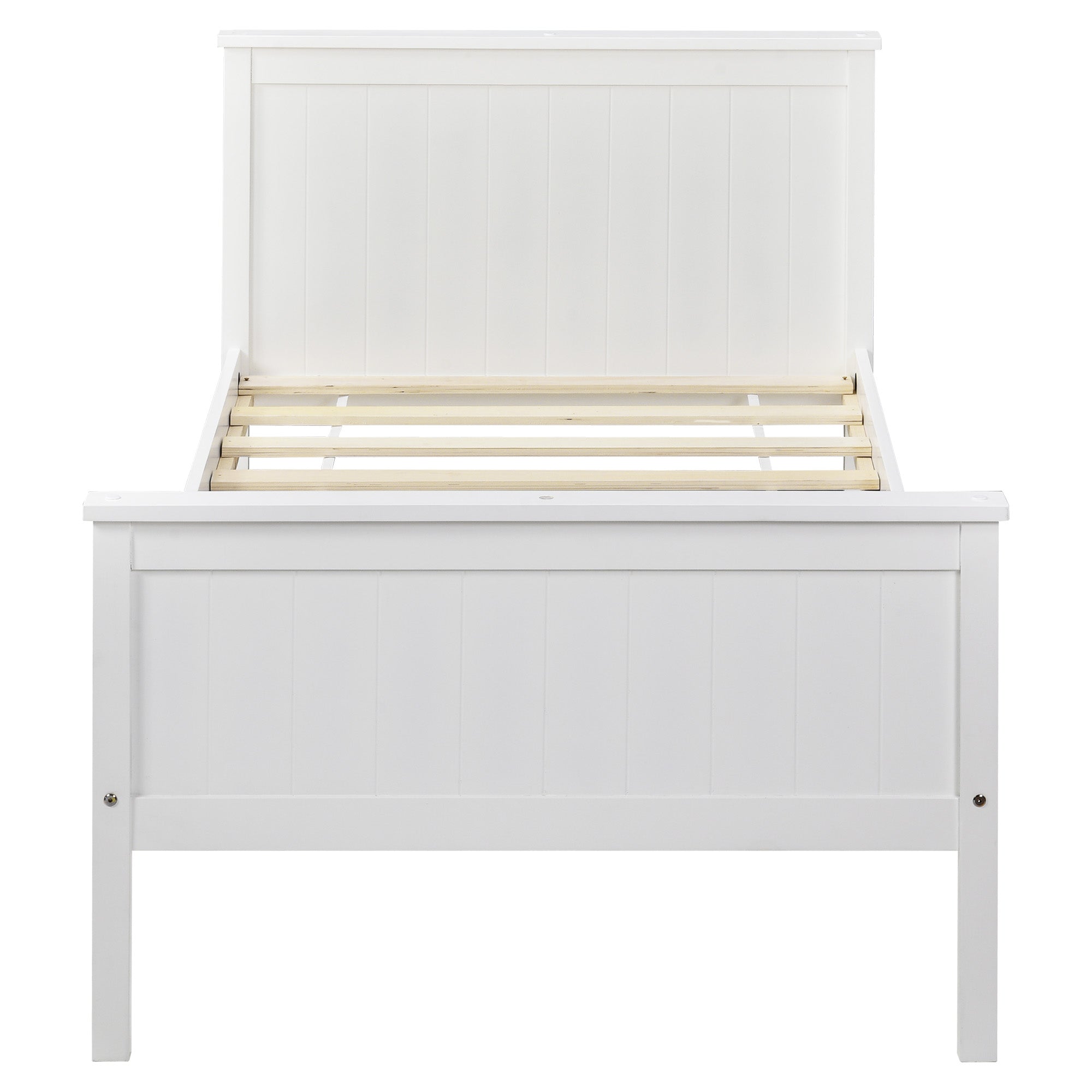 Wooden Bed Frame with Headboard and Footboard, Pine Wood Bed for Kids Bedroom, Ivory