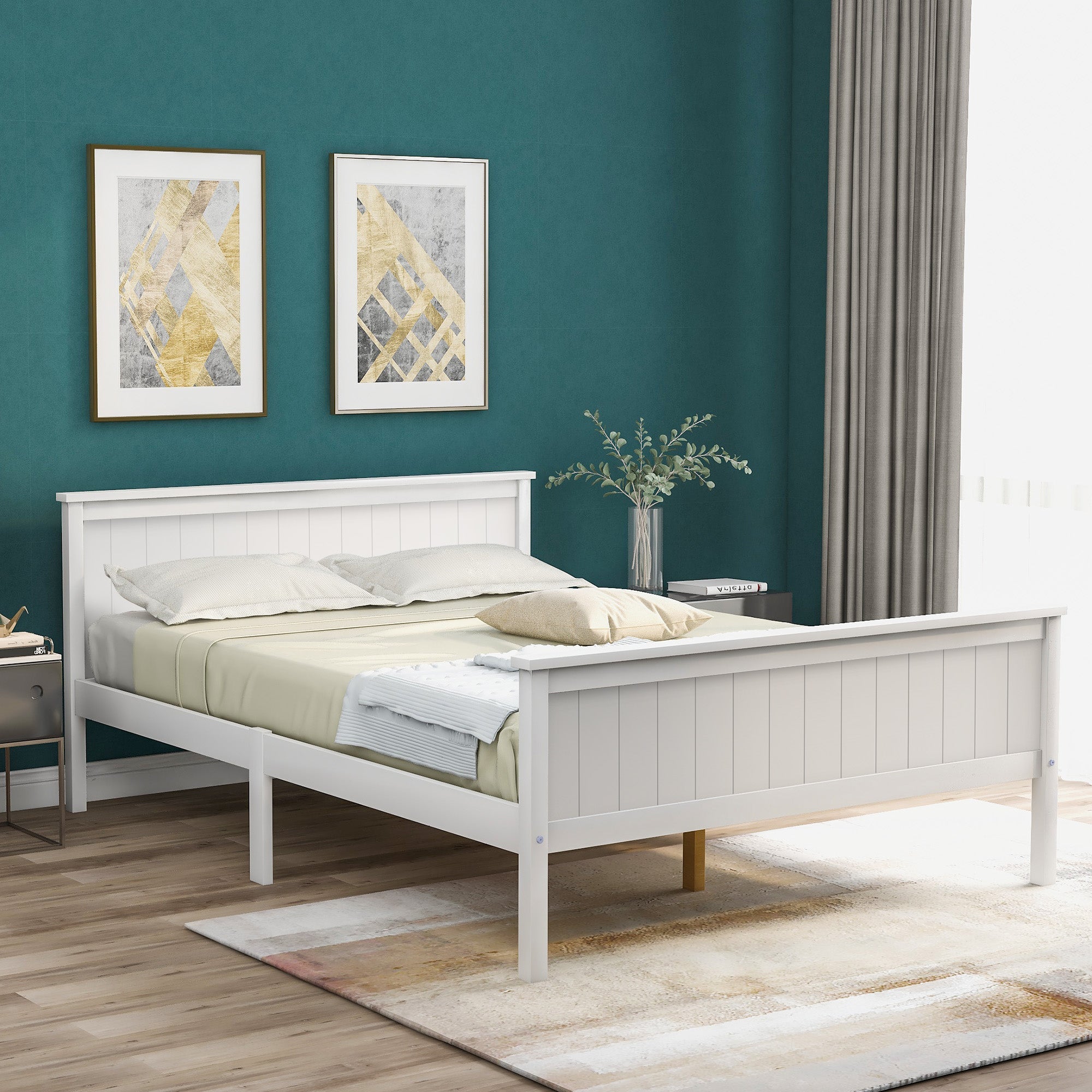 Wooden Bed Frame with Headboard and Footboard, Pine Wood, Ivory