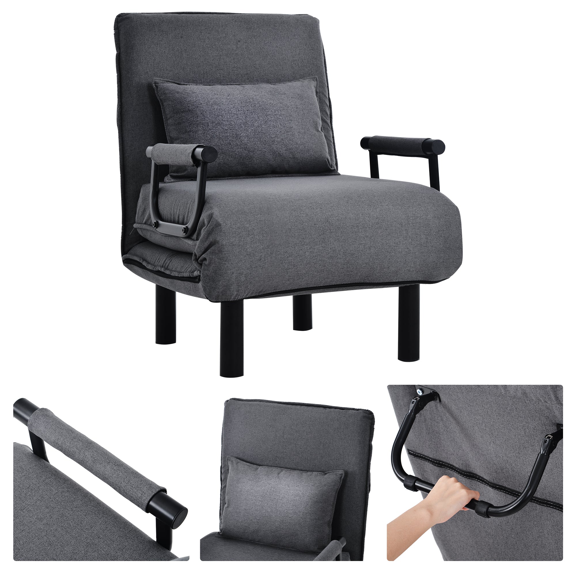 Sofa Bed Recliner Chair, 6-Position Adjustable Backrest, Folding Armchair with Pillow, Padded Seat