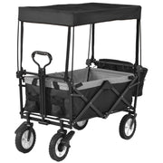 Garden Cart: Removable Canopy, Foldable Trolley Wagon, Front Cup Holder, Cooler Bag, Push Pull Handle, Hand Truck (Black)