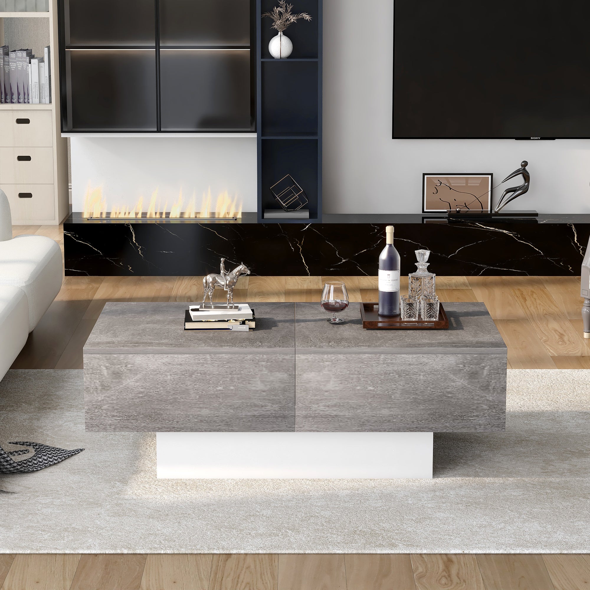 Universal Sofa Table, High Gloss with Extendable Table and Storage Space (Gray)