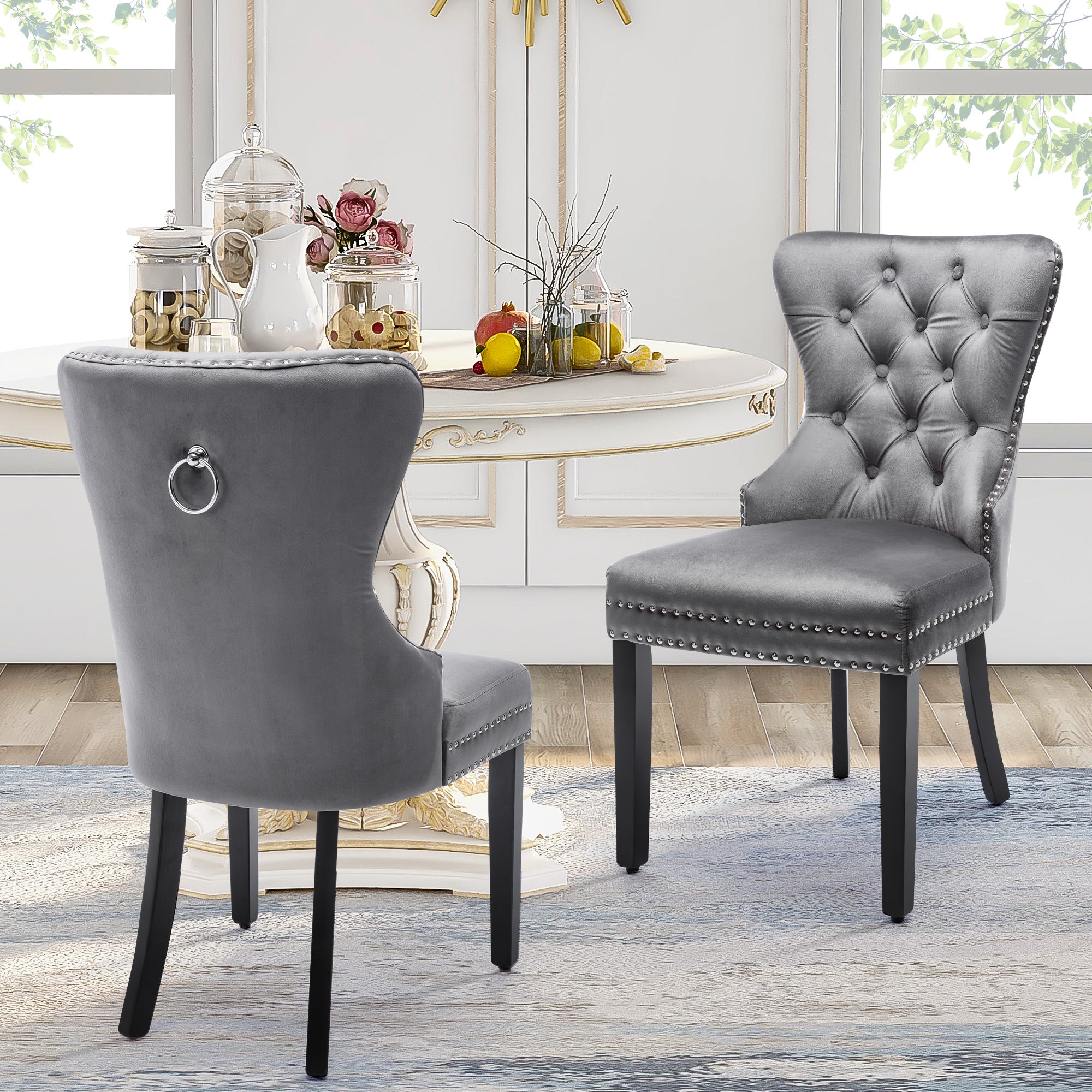 Velvet Dining Chairs, Set of 4, Oak Legs, Chrome Knocker, Nailhead Trim (Grey)