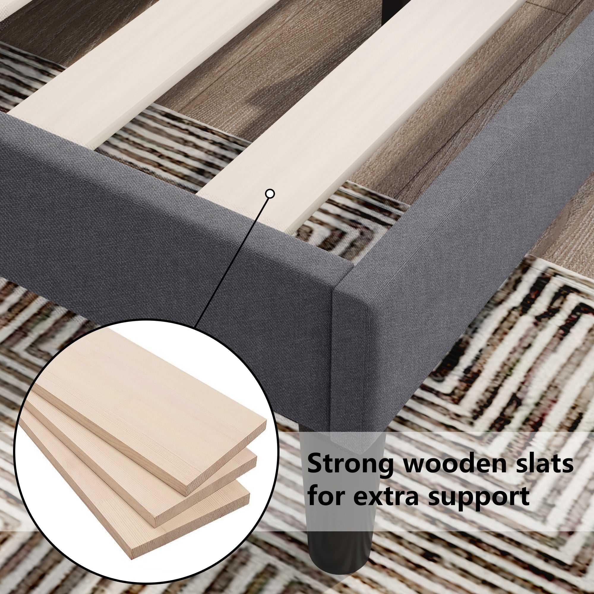 Single Bed Soft Linen Grey 3FT Upholstered Bed with Winged Headboard, Wood Slat Support