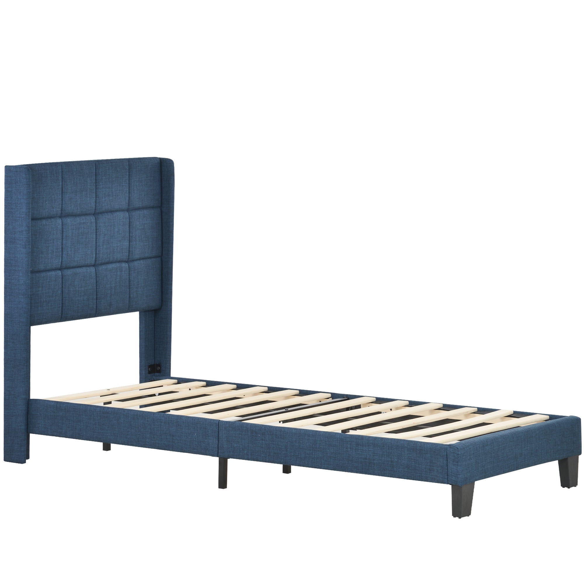 Upholstered bed with headboard, single, 90x200cm, with spring mattress, blue linen