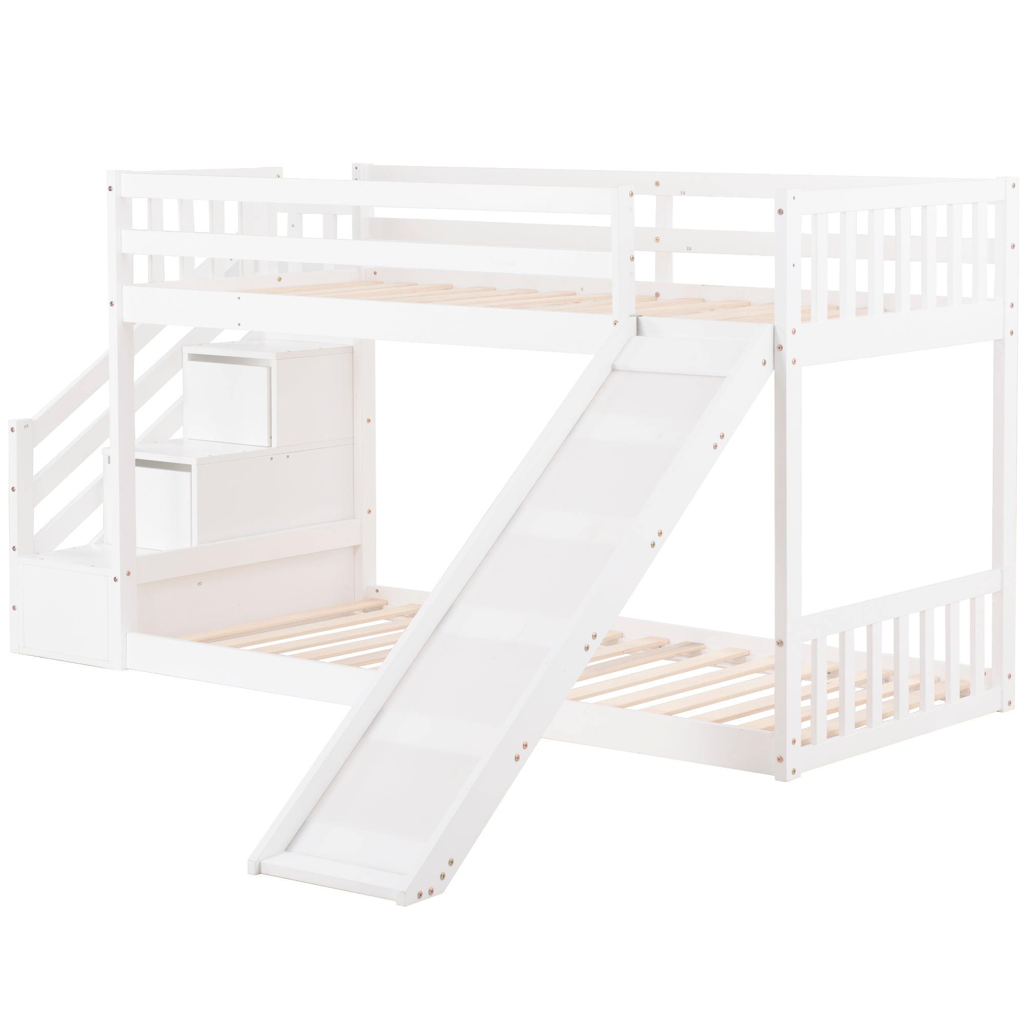 Bunk Bed with Stairs & Slide, Solid Pine Wood Frame, 90x190cm, White