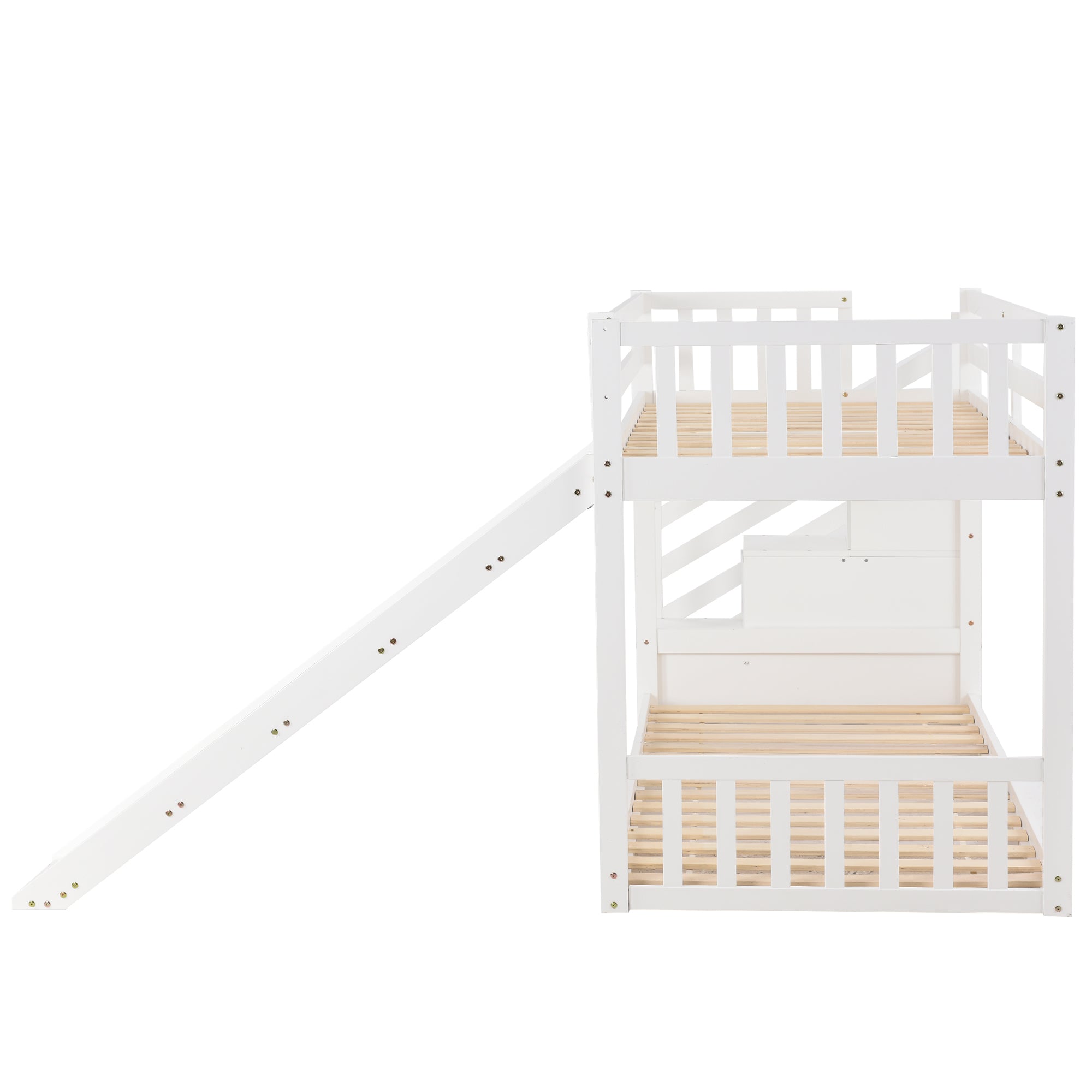 Bunk Bed with Stairs & Slide, Solid Pine Wood Frame, 90x190cm, White