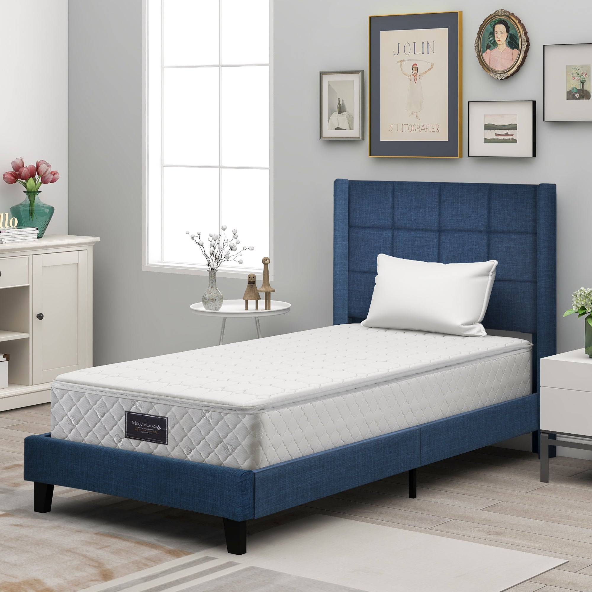 Upholstered bed with headboard, single, 90x200cm, with spring mattress, blue linen