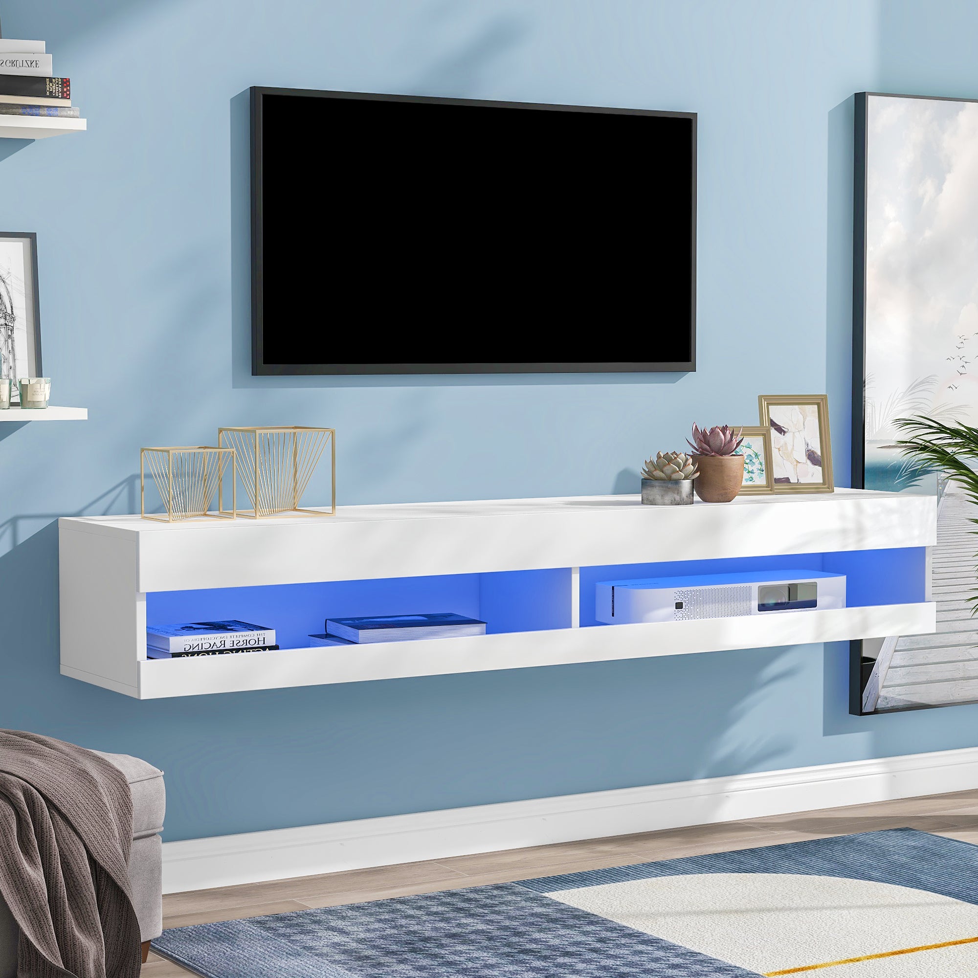 LED TV Cabinet, Lowboard with LED Lighting & Storage, White