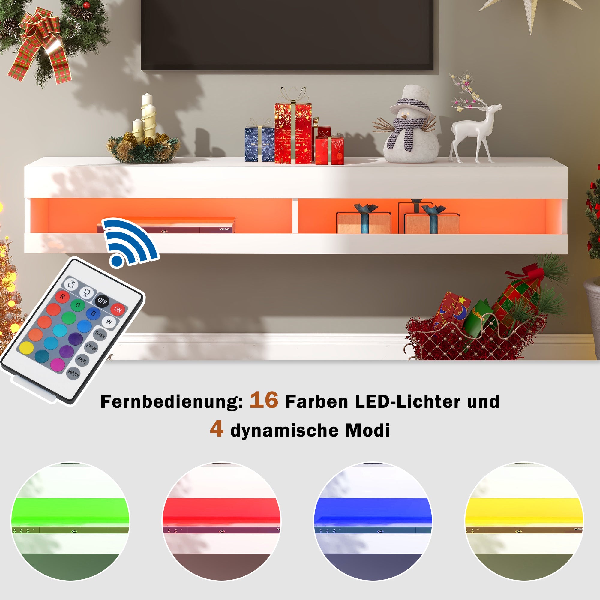 LED TV Cabinet, Lowboard with LED Lighting & Storage, White