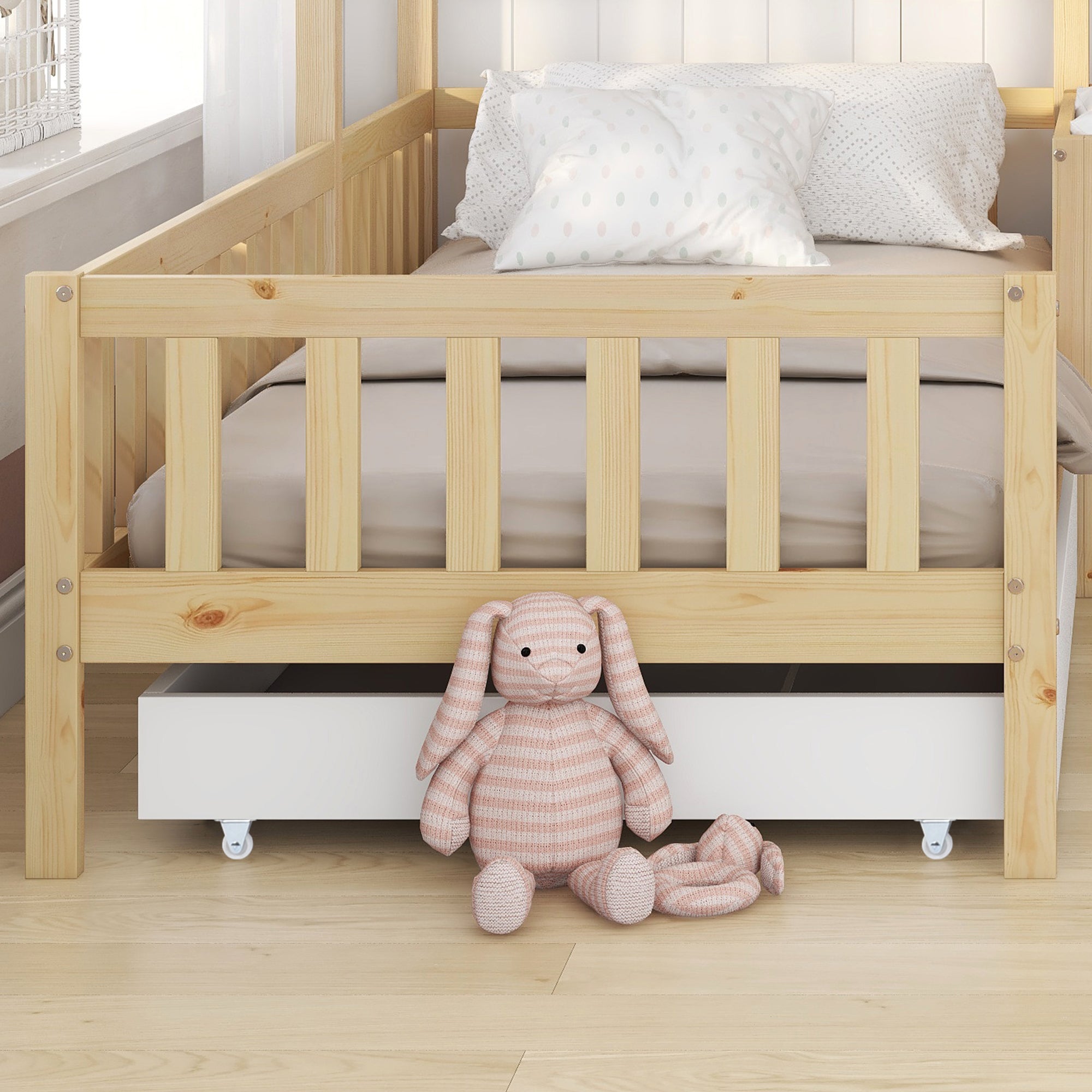 Children's House Bed with Drawers & Shelves, L-Shaped, Solid Wood
