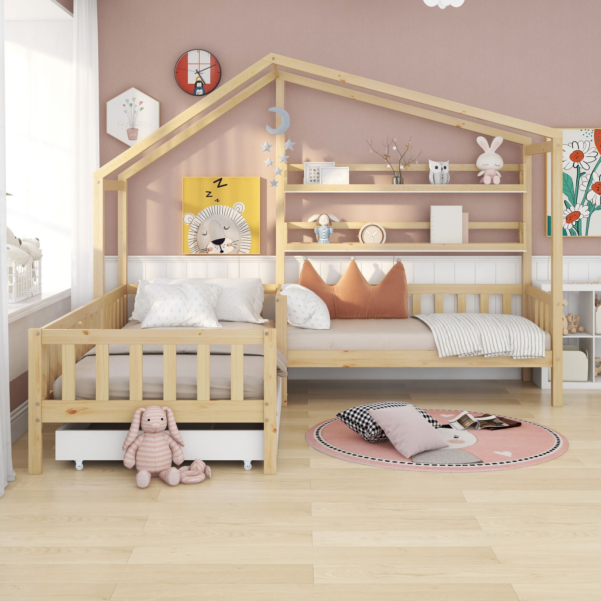 Children's House Bed with Drawers & Shelves, L-Shaped, Solid Wood
