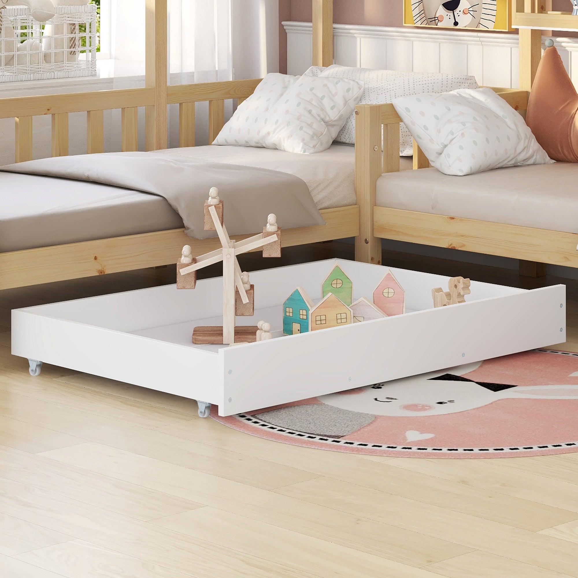 Children's House Bed with Drawers & Shelves, L-Shaped, Solid Wood