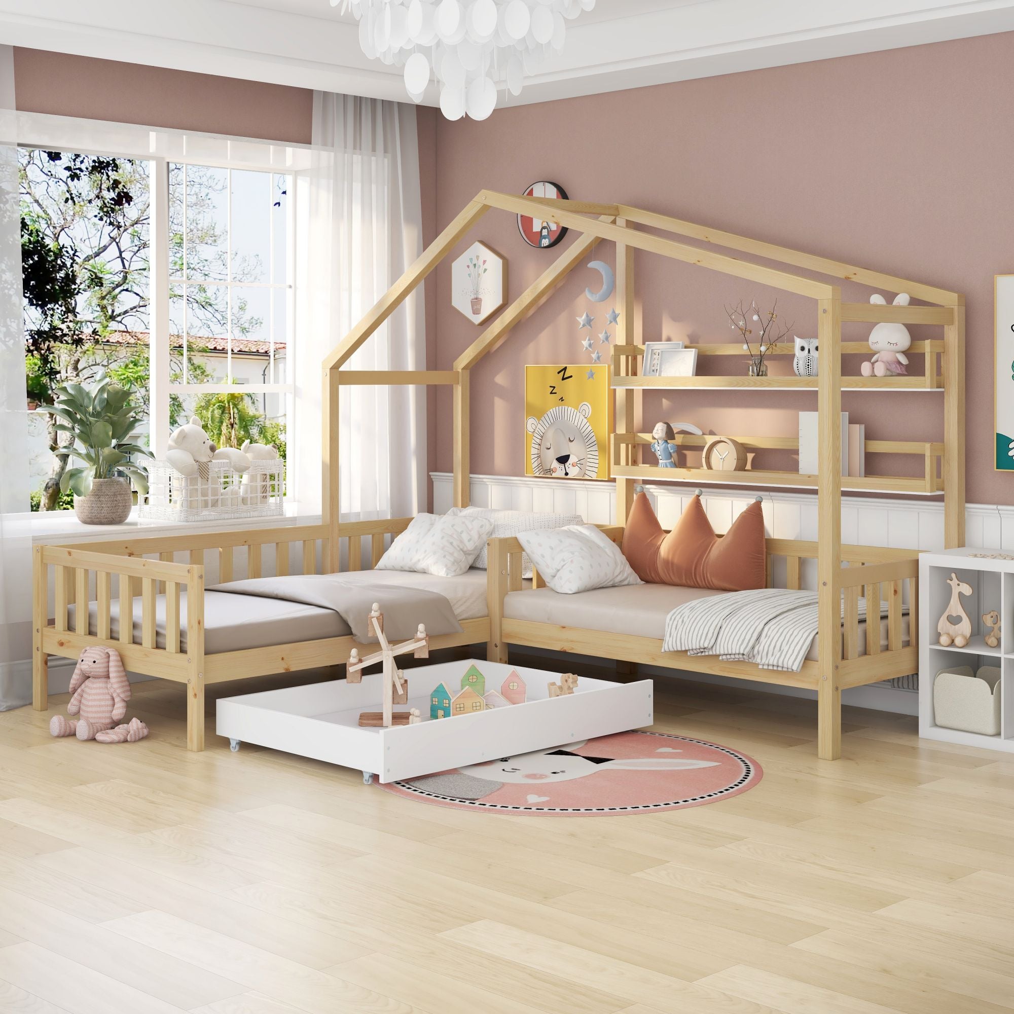 Children's House Bed with Drawers & Shelves, L-Shaped, Solid Wood