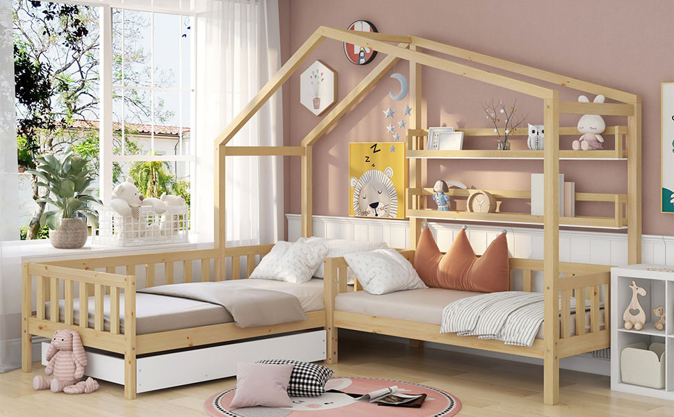 Children's House Bed with Drawers & Shelves, L-Shaped, Solid Wood