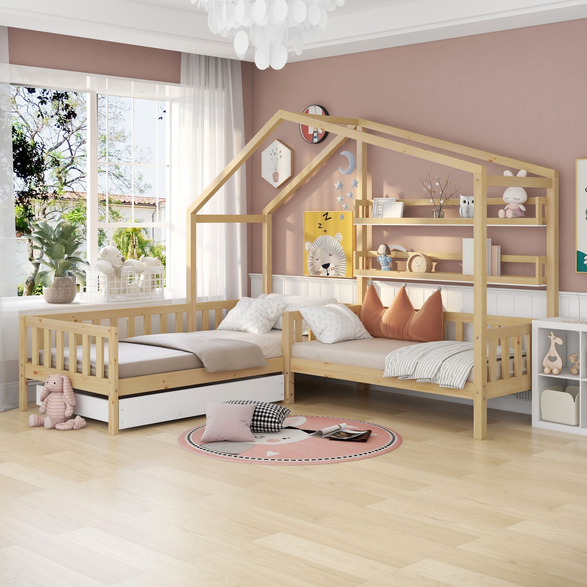 Children's House Bed with Drawers & Shelves, L-Shaped, Solid Wood